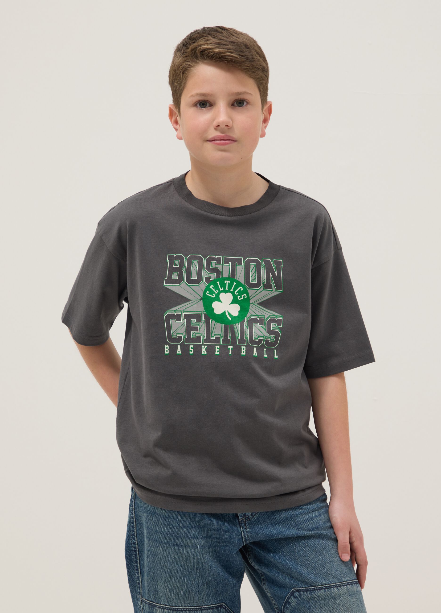Grey pure cotton oversized fit Boston Celtics kids' t-shirt