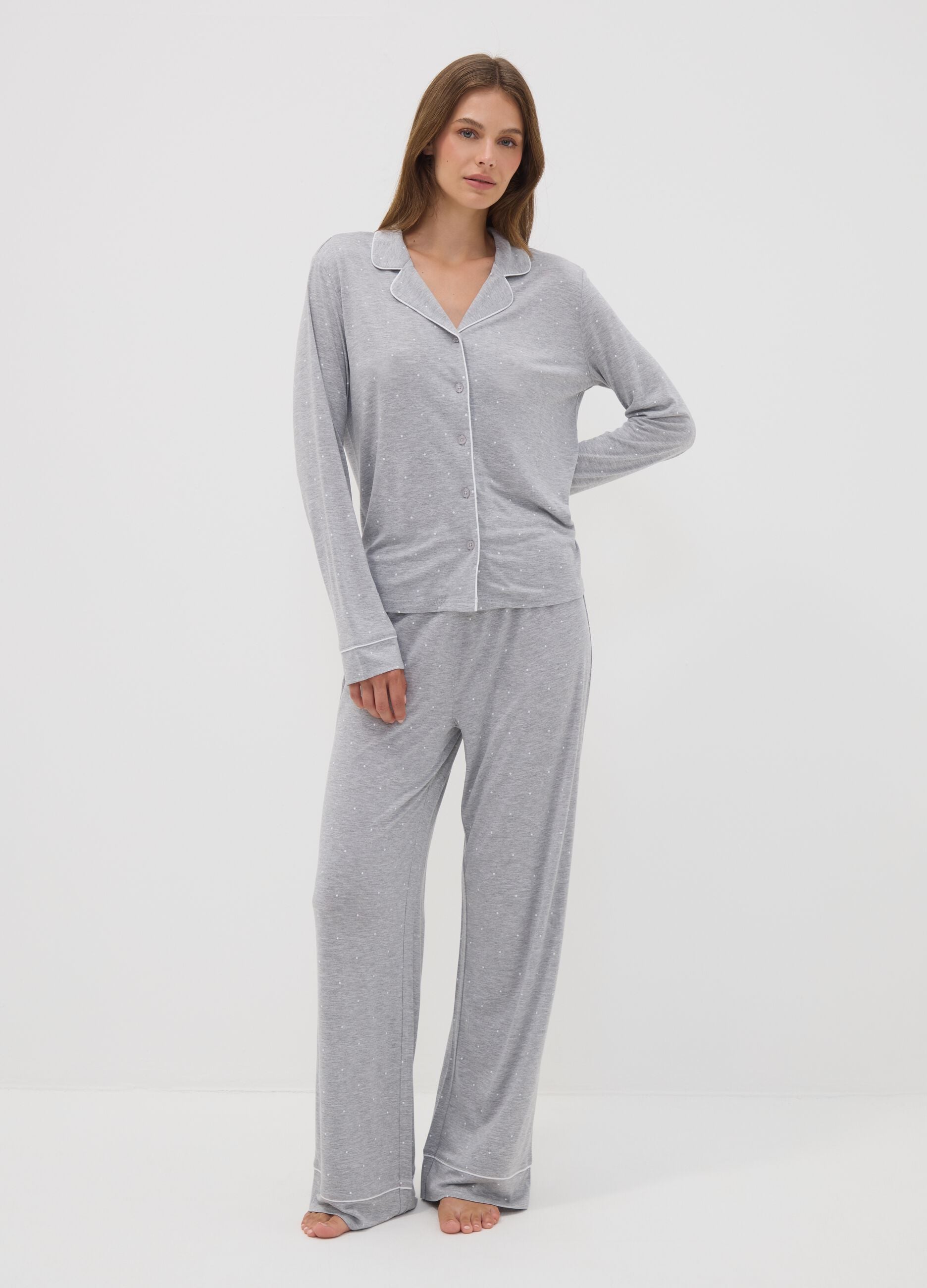Grey pure viscose polka-dot V-neck pyjamas