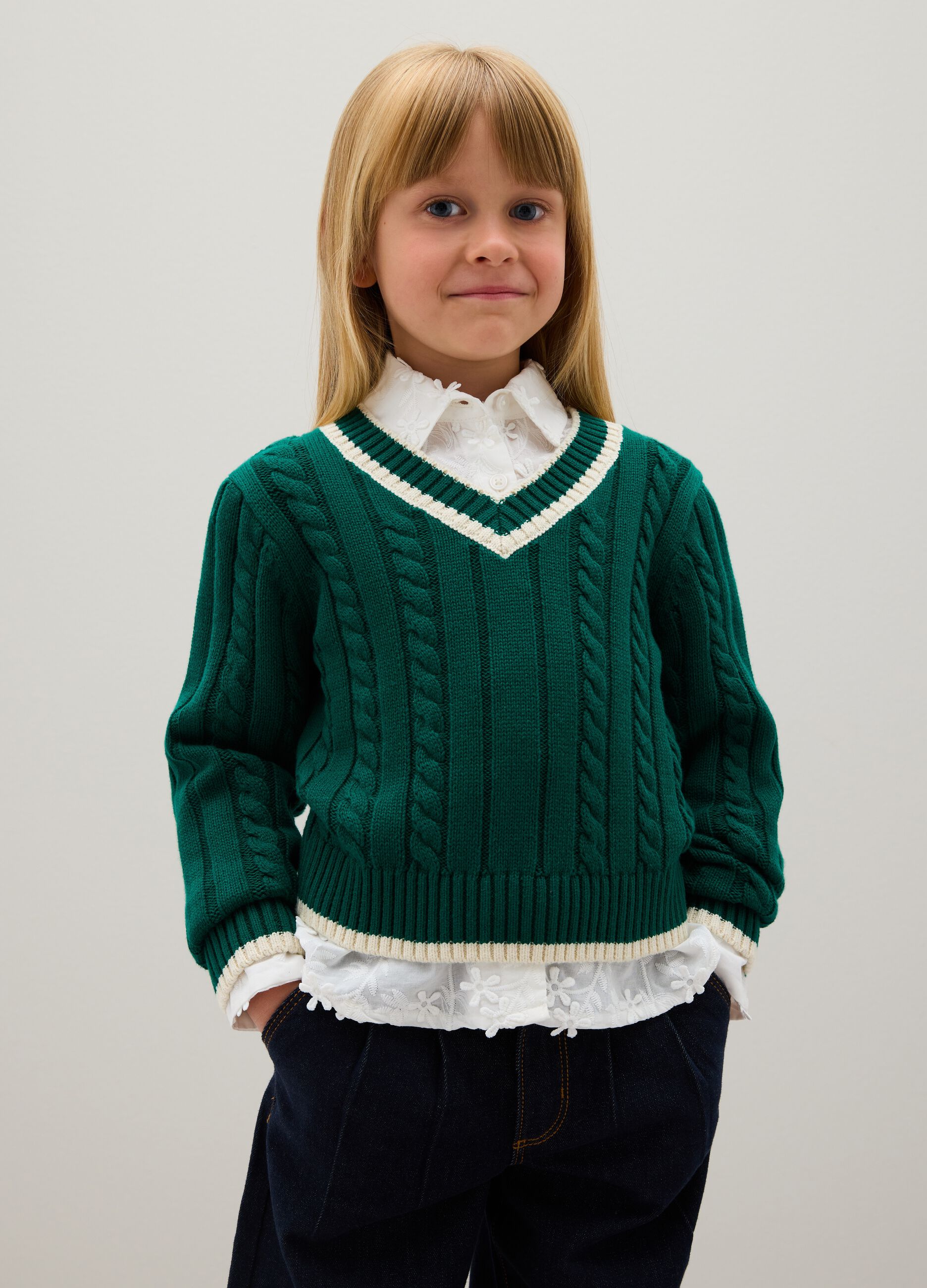 Girls' Regular Fit Green Pure Cotton Sweater