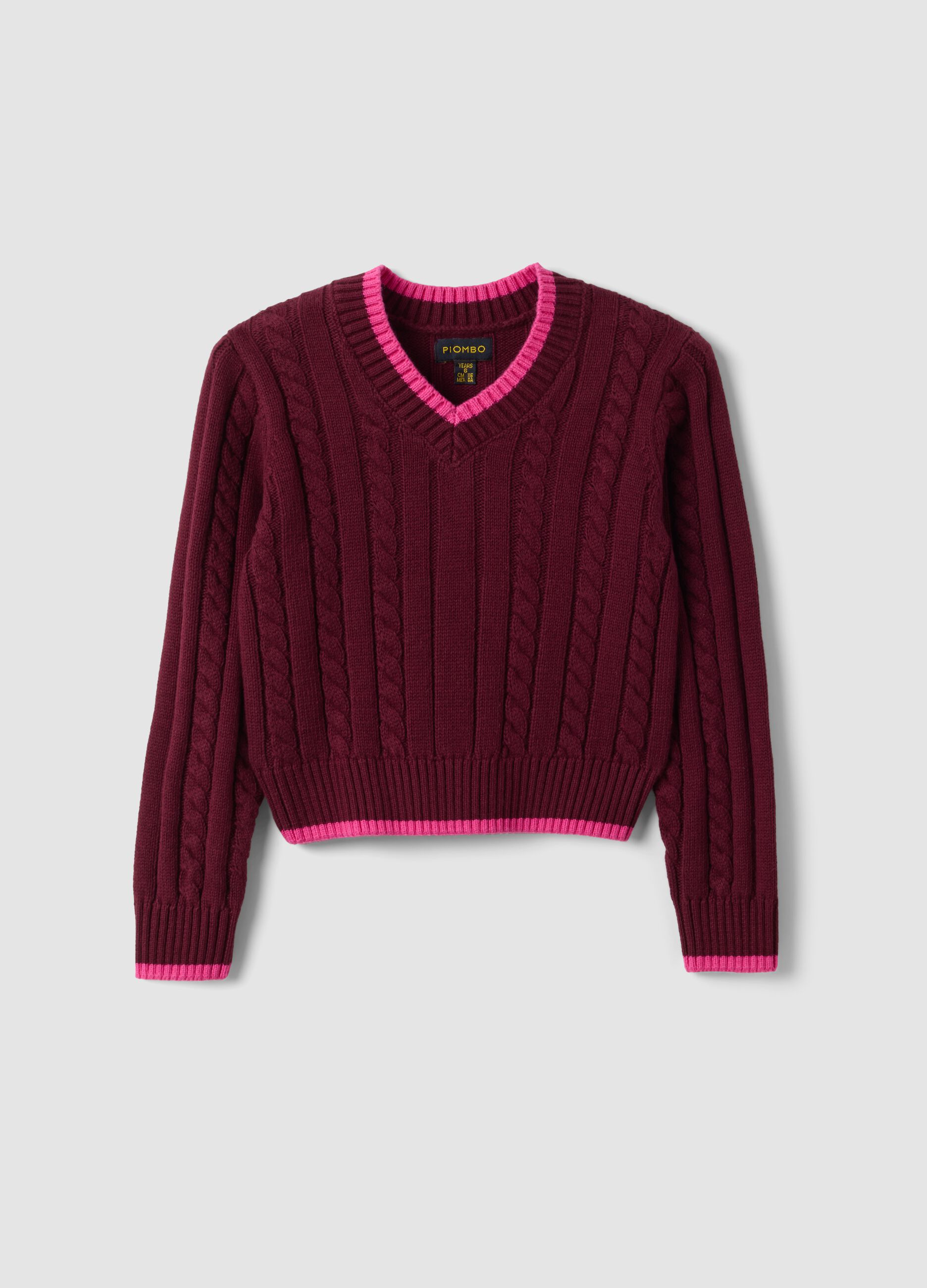 Maglia rossa in puro cotone a trecce con scollo a V per bambina