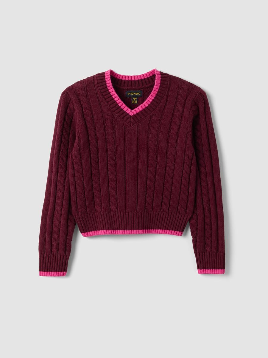 Maglia rossa in puro cotone a trecce con scollo a V per bambina_0