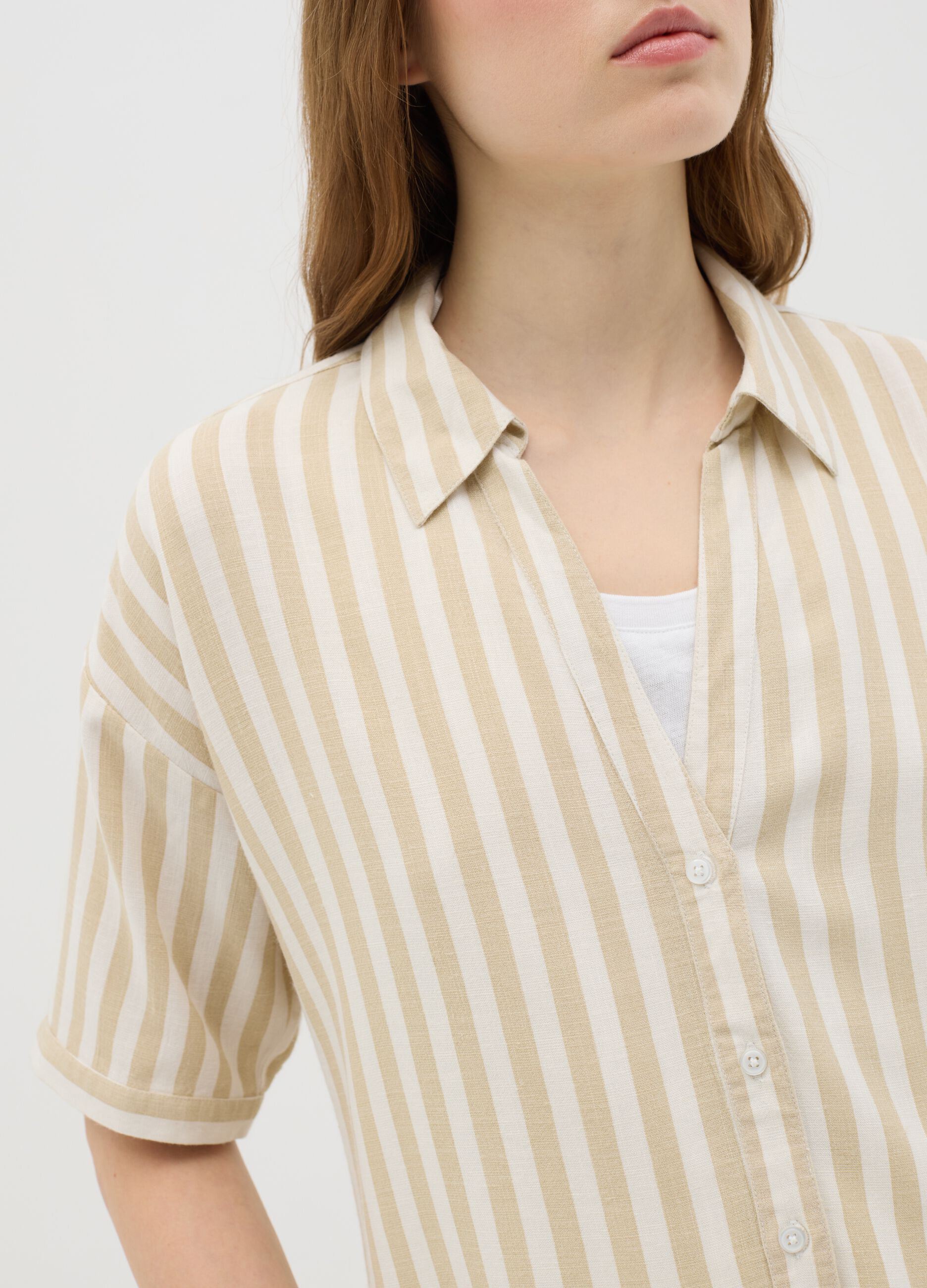 Beige and white striped linen and viscose shirt