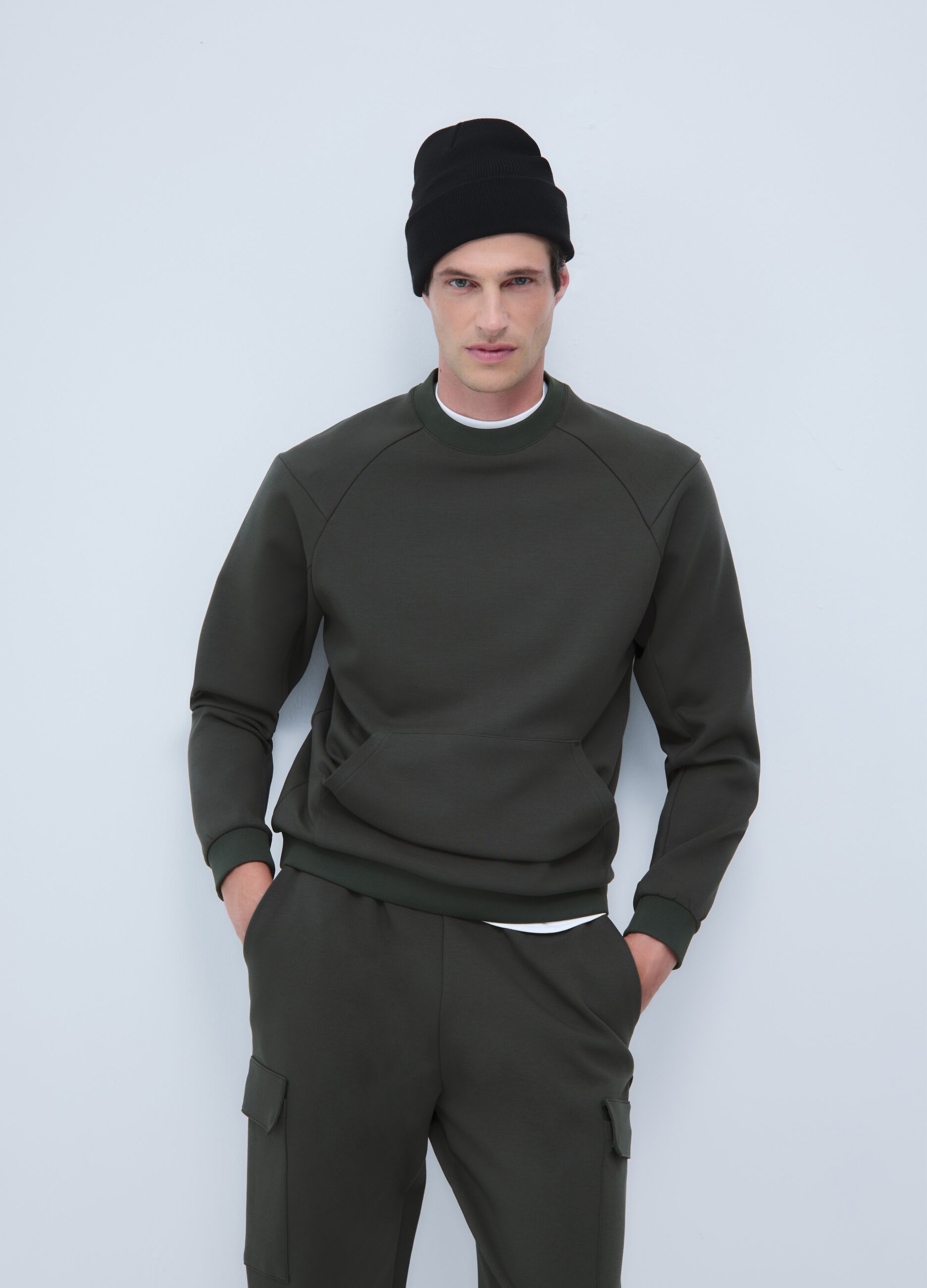 Green Cotton Blend Sweatshirt with Front Pocket