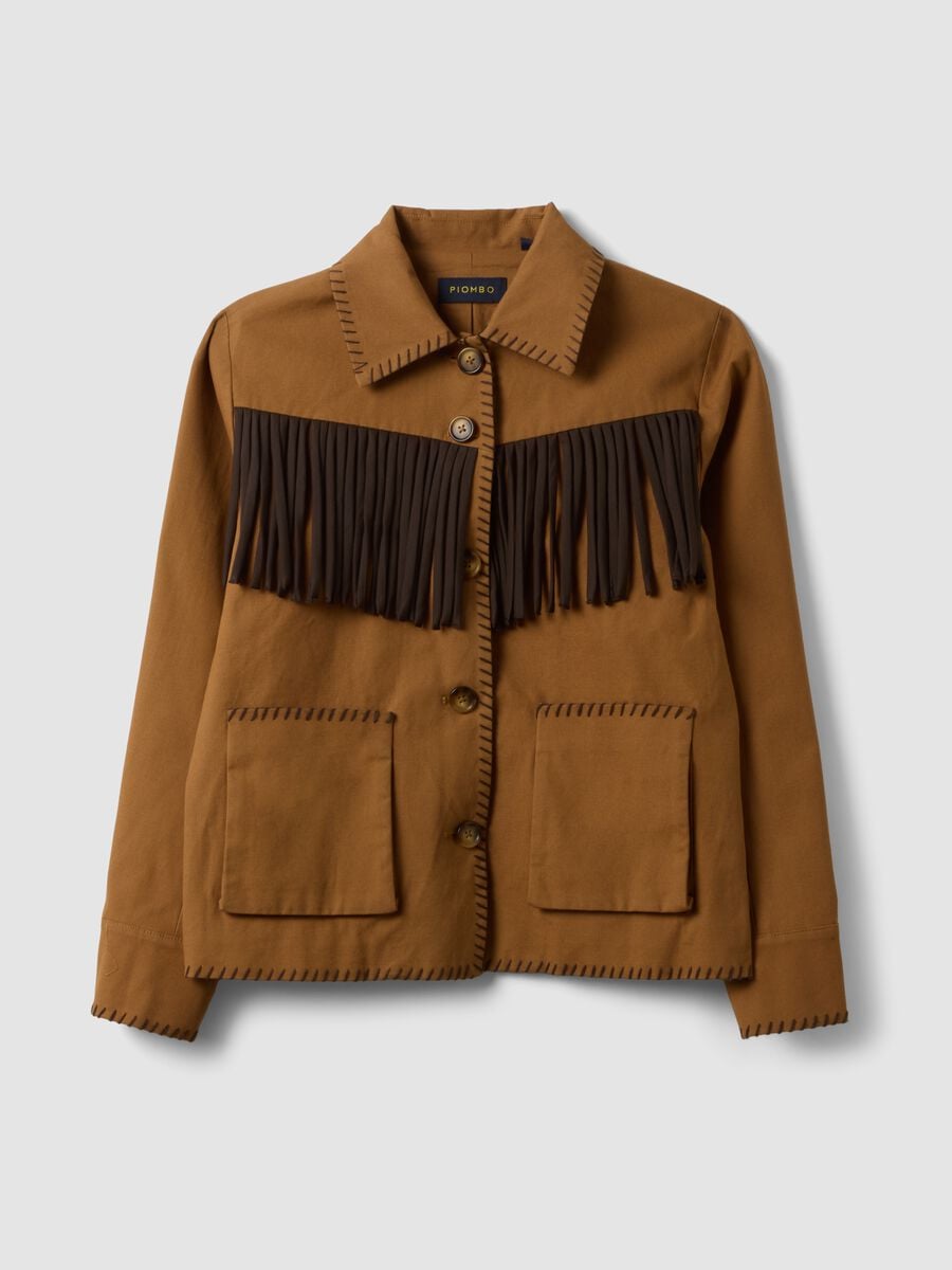 Brown pure cotton fringed shacket, regular fit_4