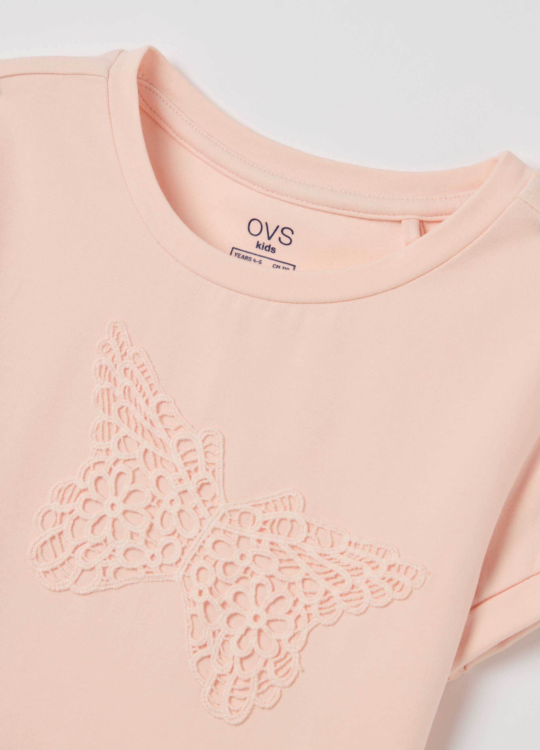 T-shirt in cotone stretch con farfalle sangallo 