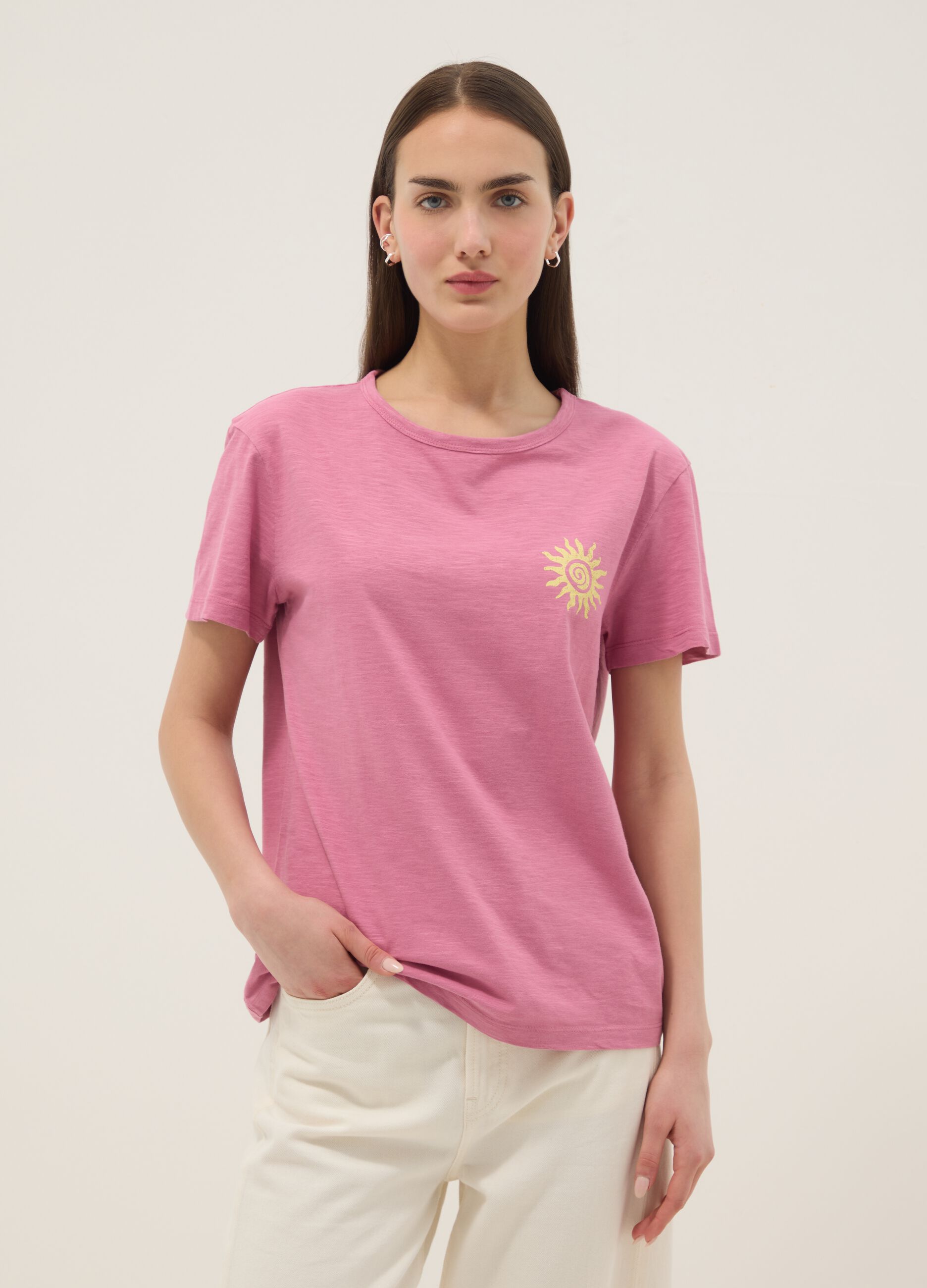 Pink pure cotton relaxed-fit T-shirt with sun print