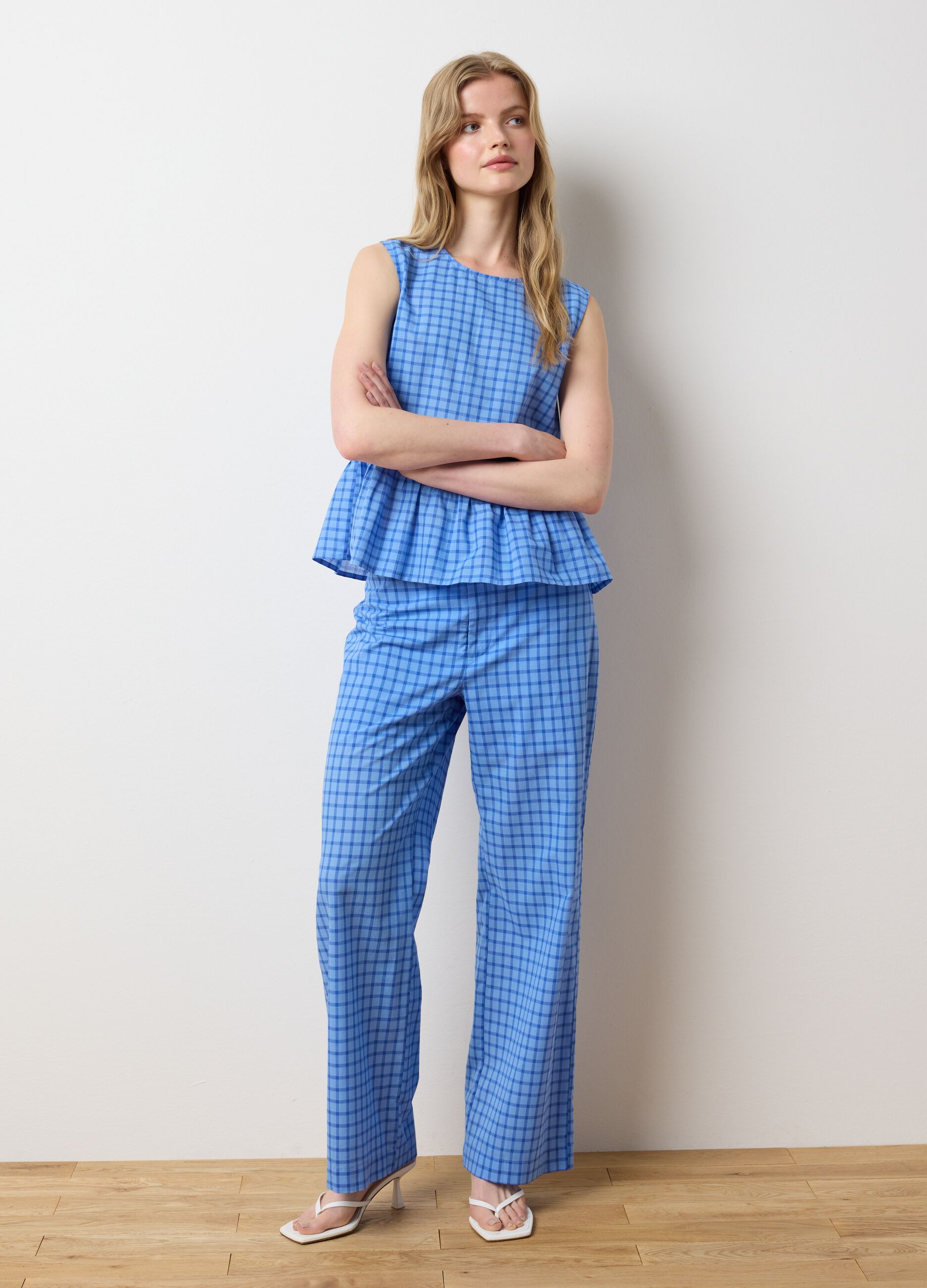 Top da donna in puro cotone azzurro regular fit