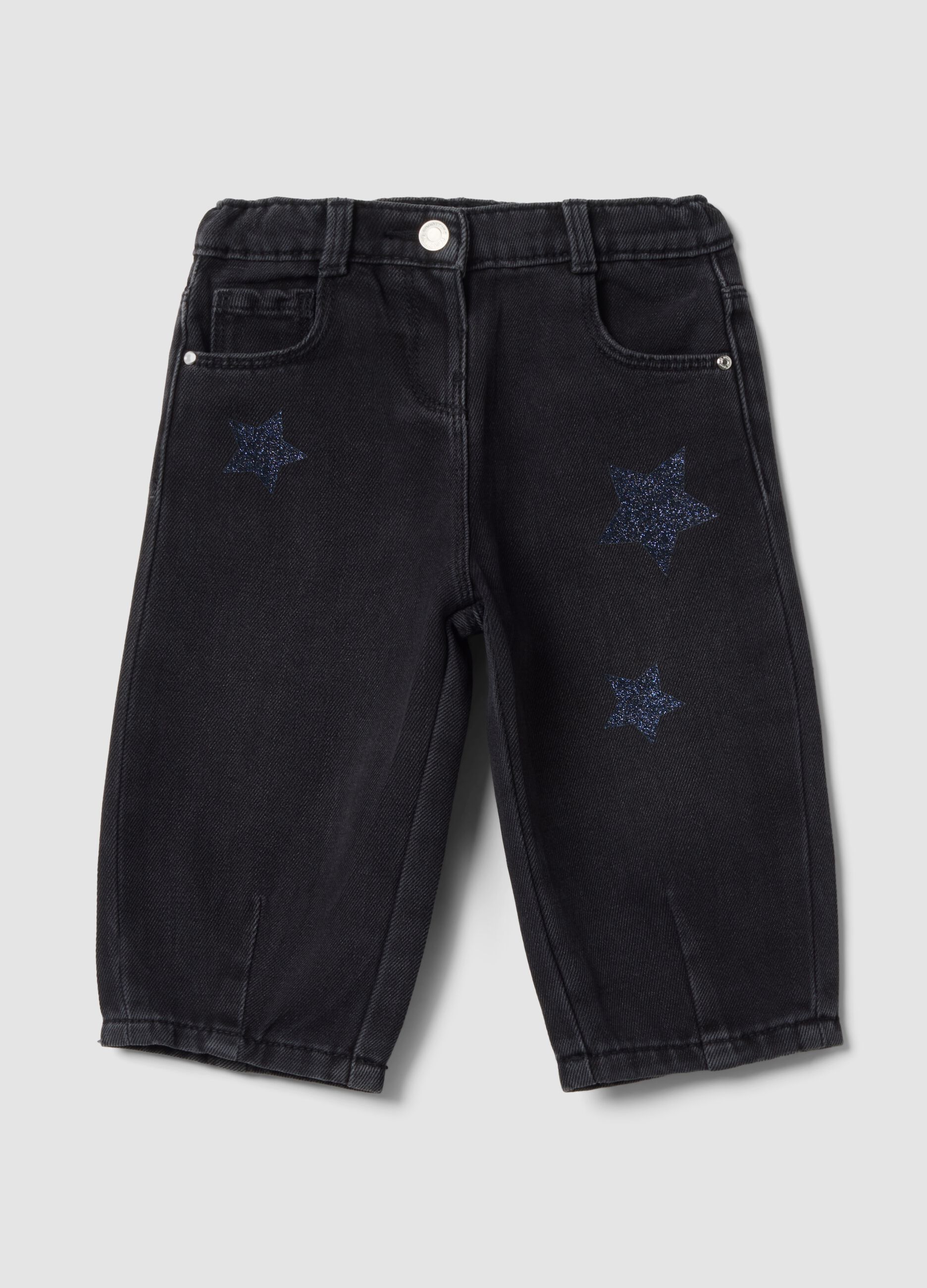 Black balloon-fit jeans in cotton and viscose blend with star print for baby girl