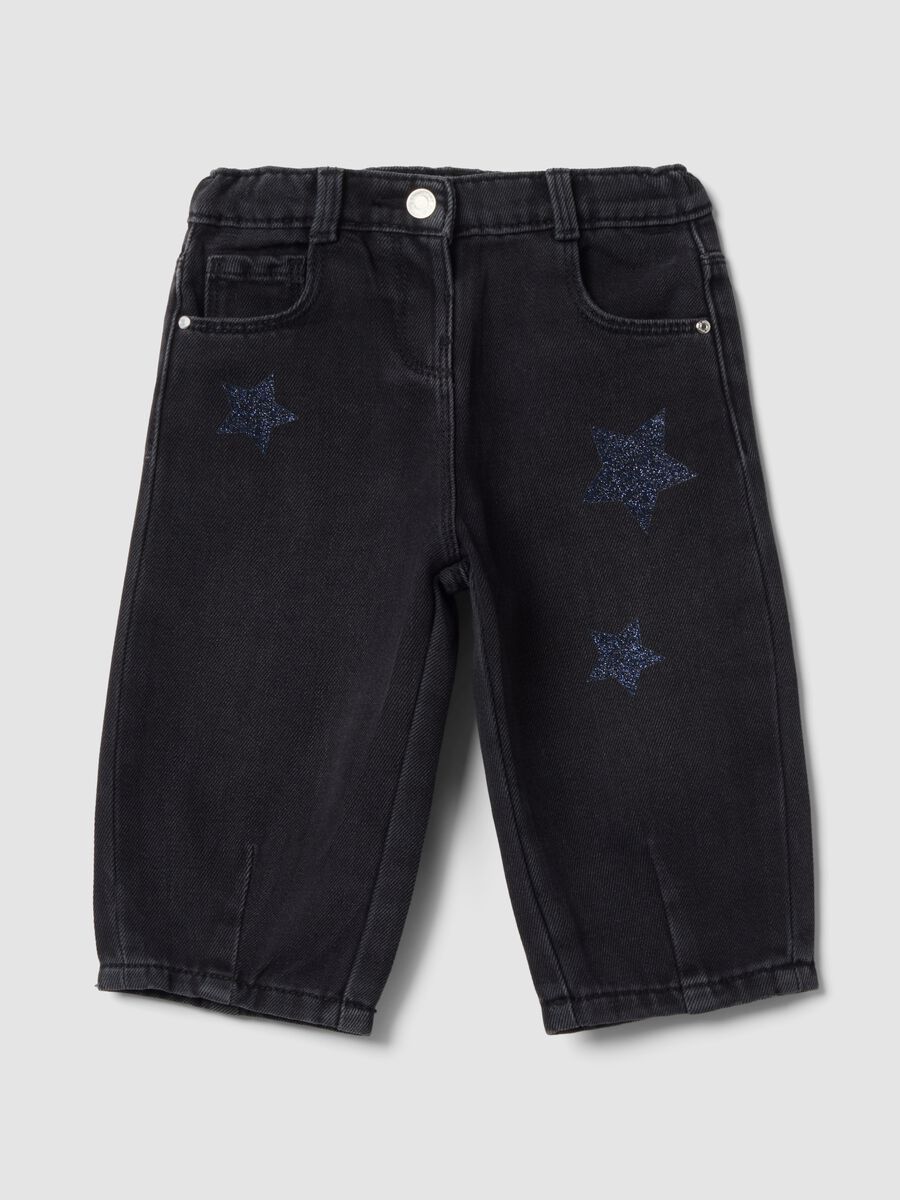 Black balloon-fit jeans in cotton and viscose blend with star print for baby girl_0