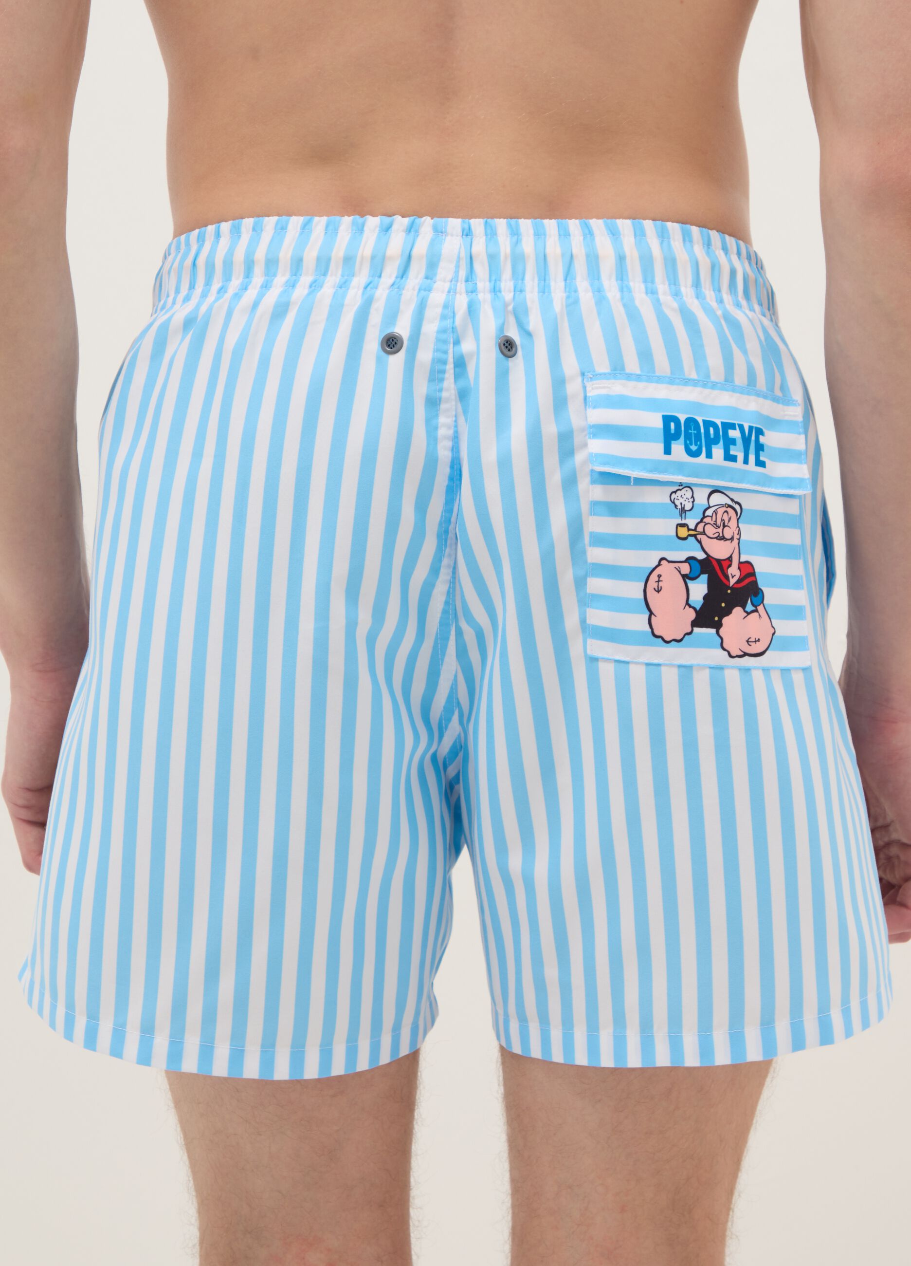 Multicolour striped swim shorts with Popeye print