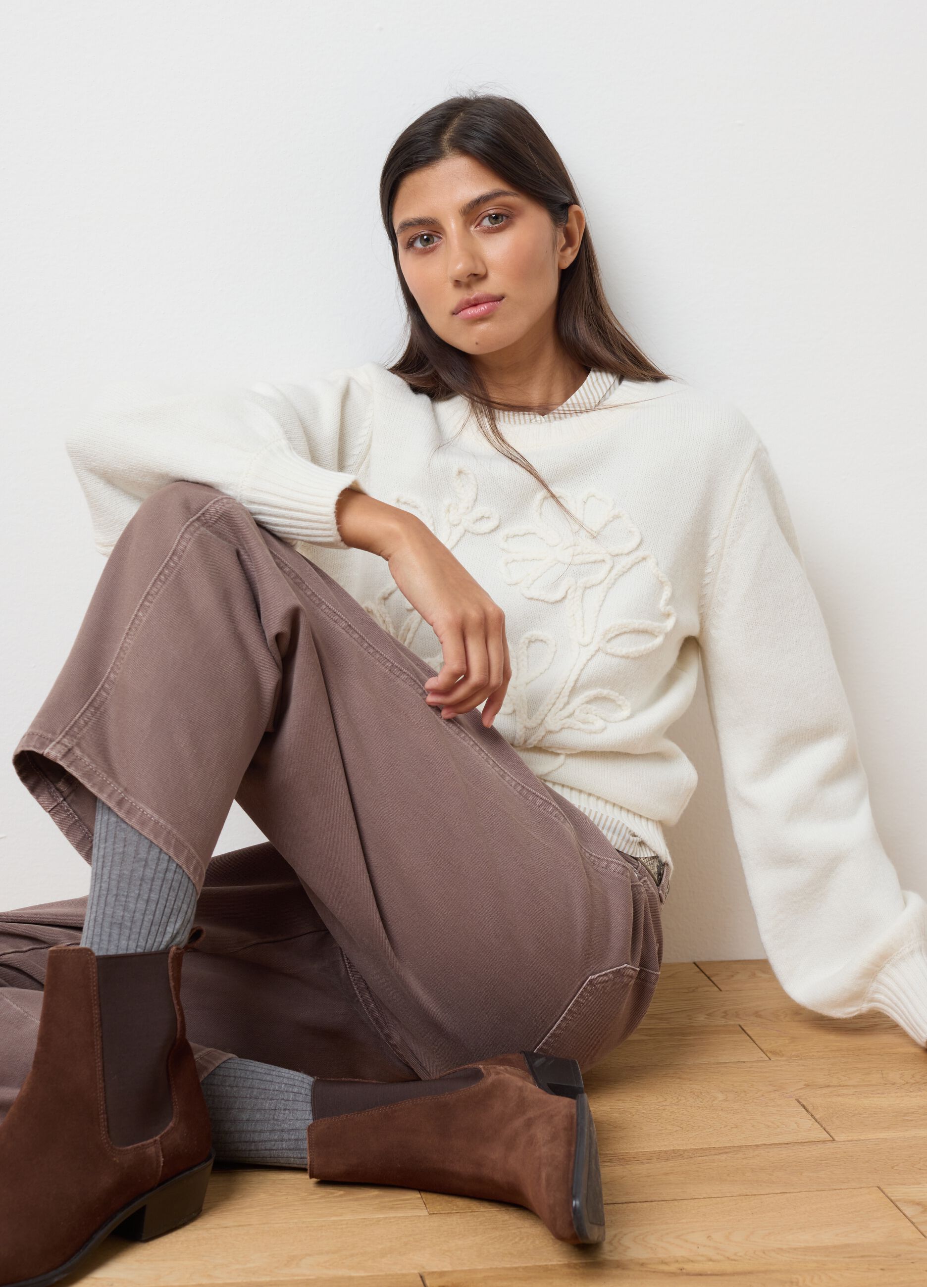 White Sweater with Embroidery