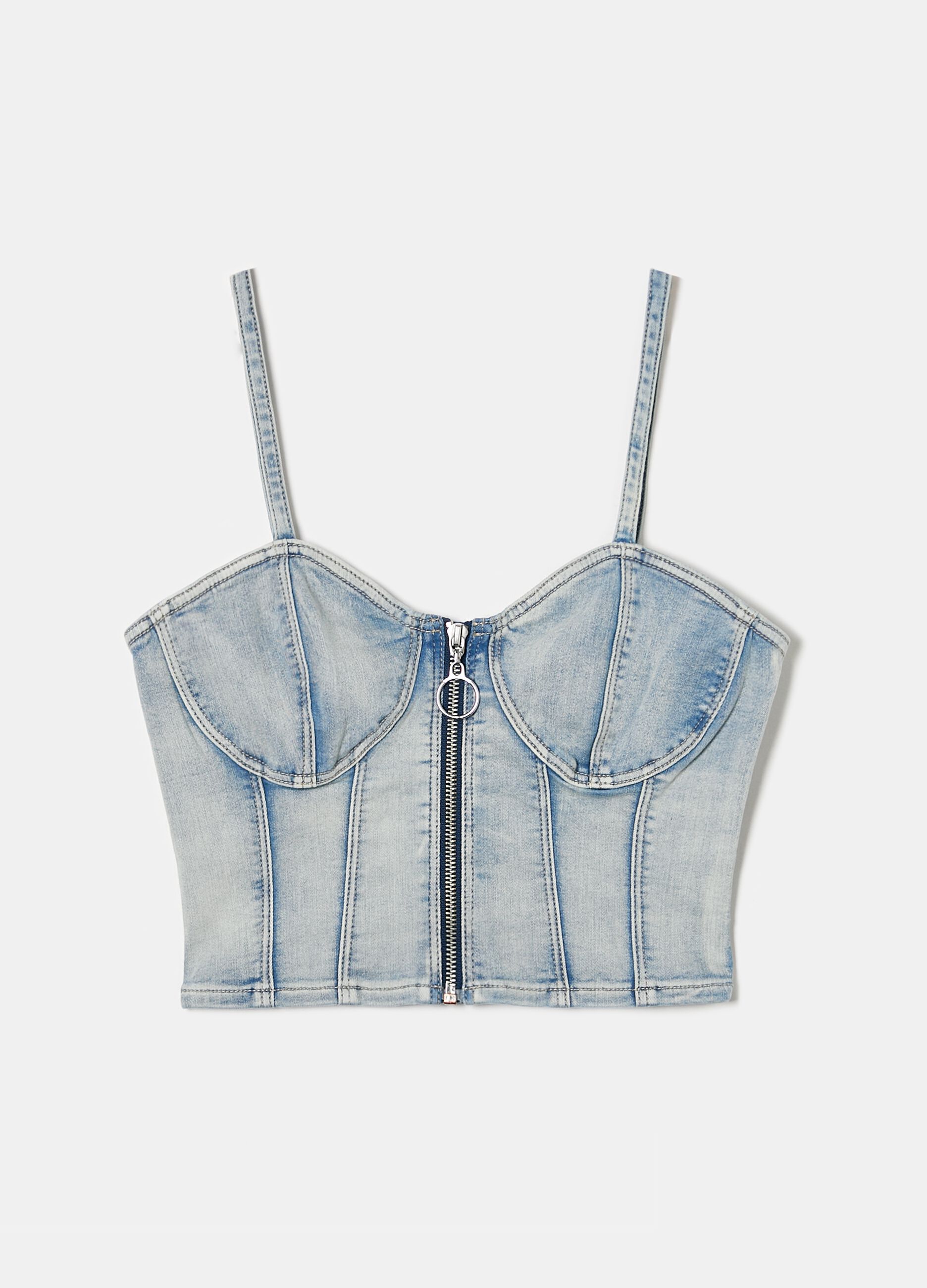 Crop corset top in denim with zip