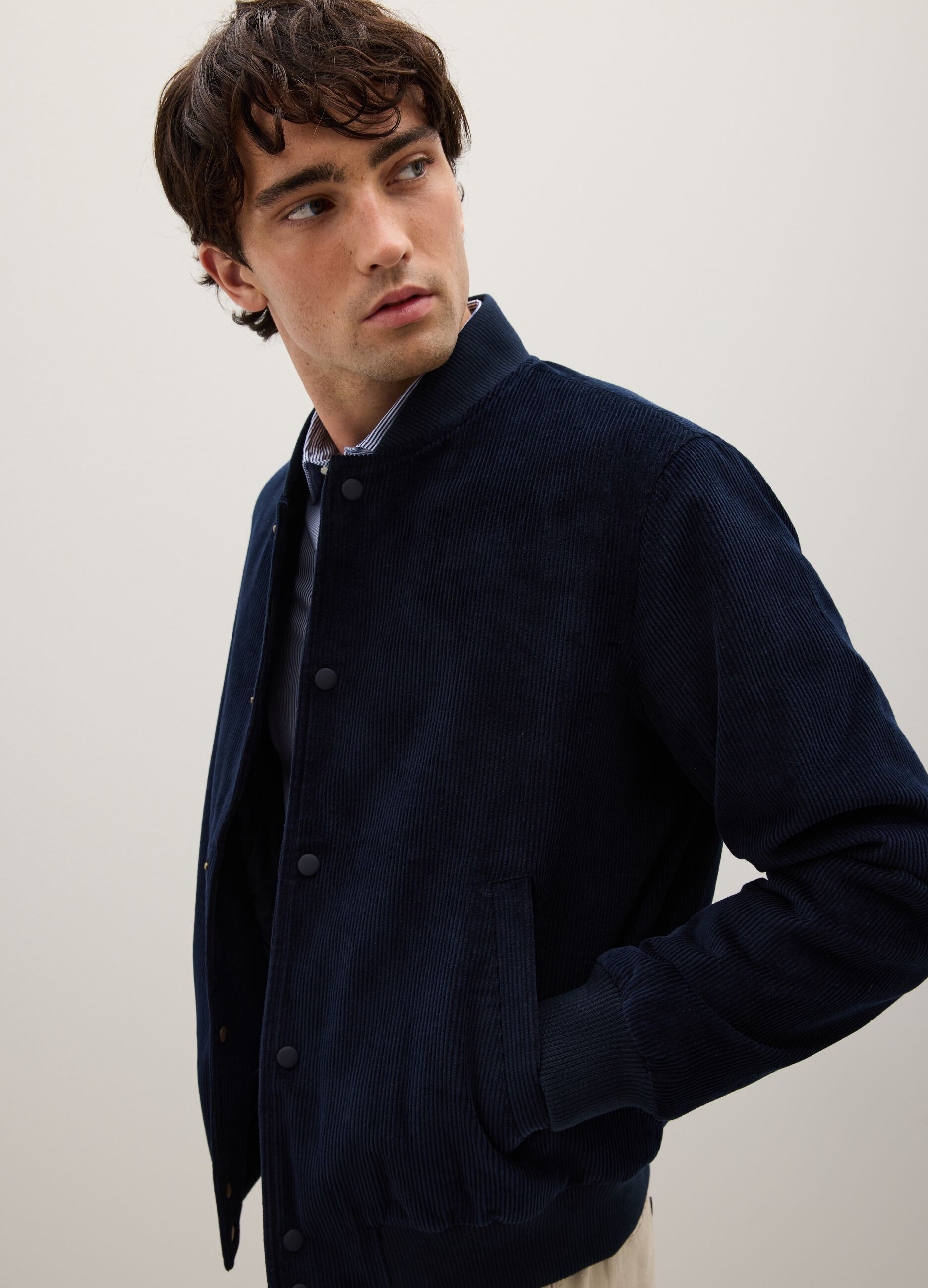Giacca bomber in puro cotone blu con zip