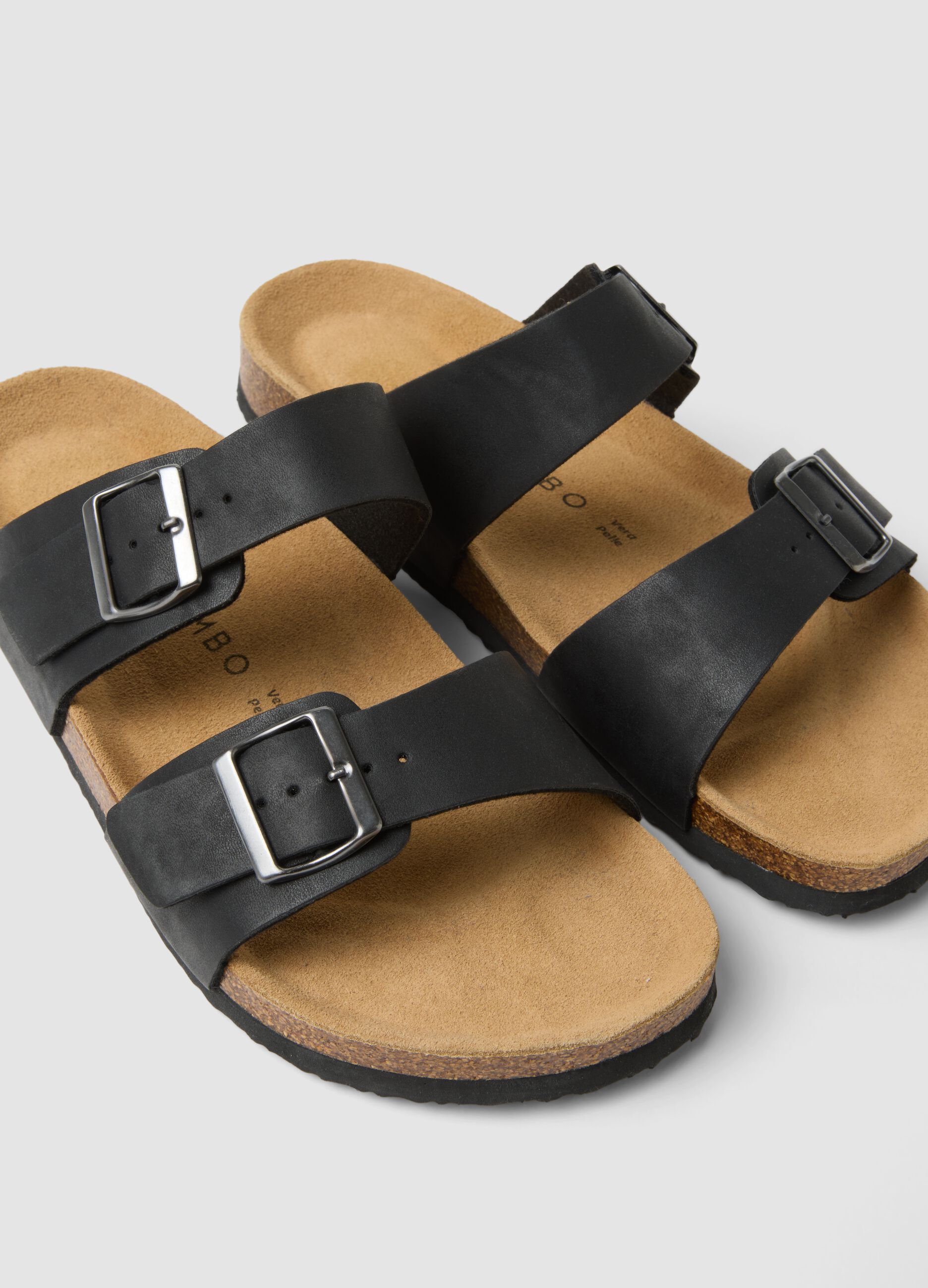 Black double-strap sliders with buckles