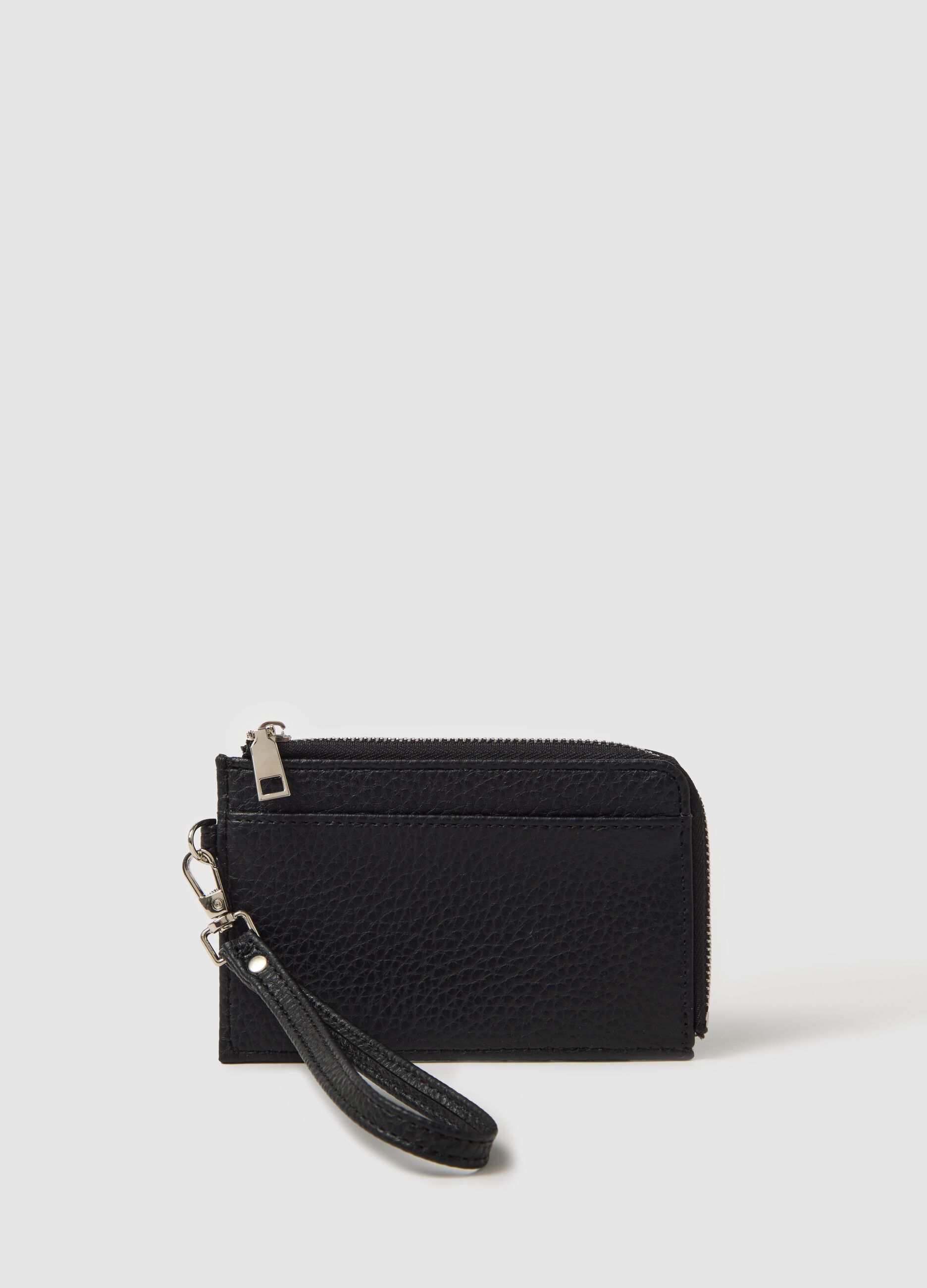 Textured black wallet with strap