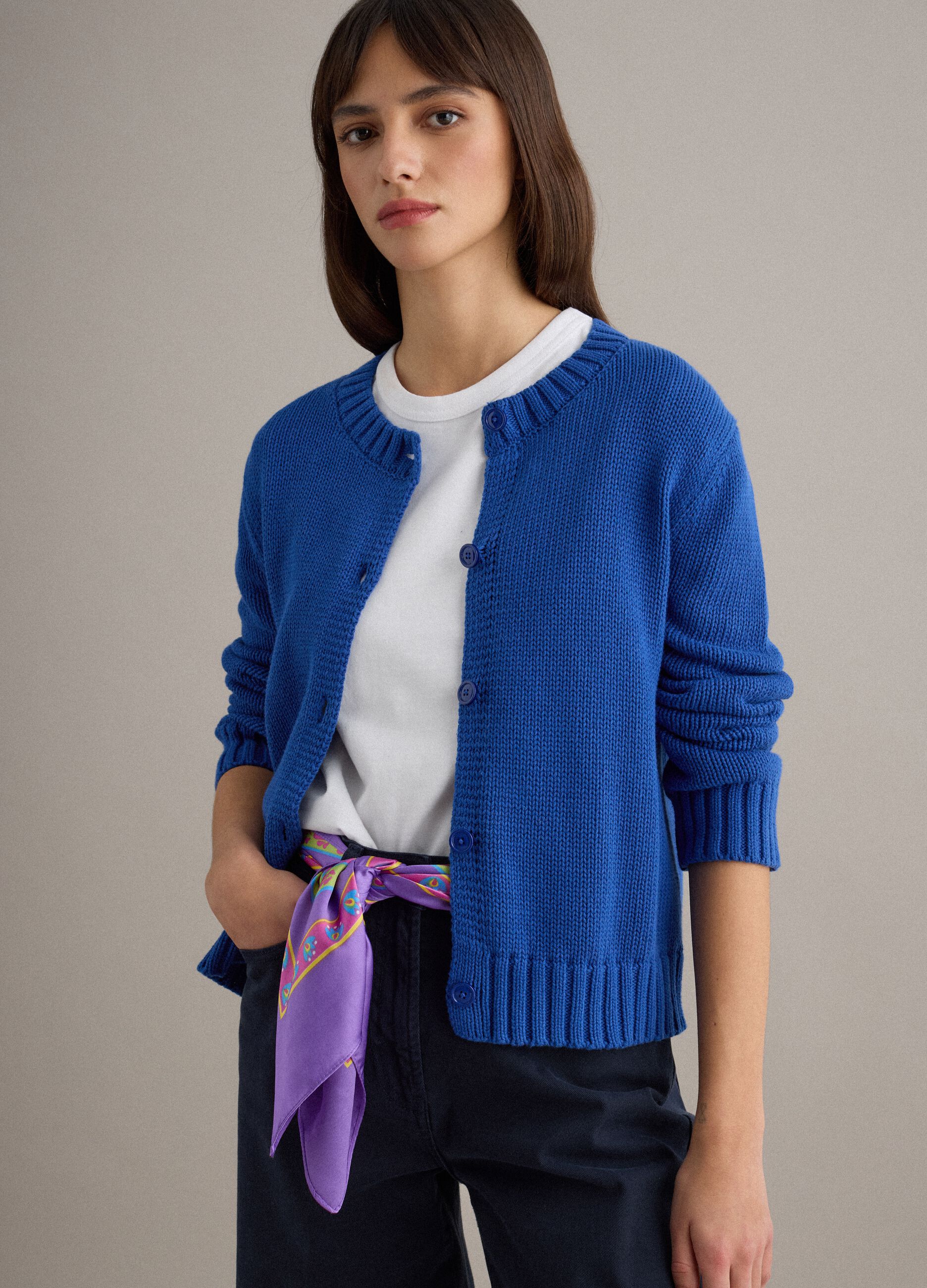 Blue regular fit pure cotton cardigan with buttons