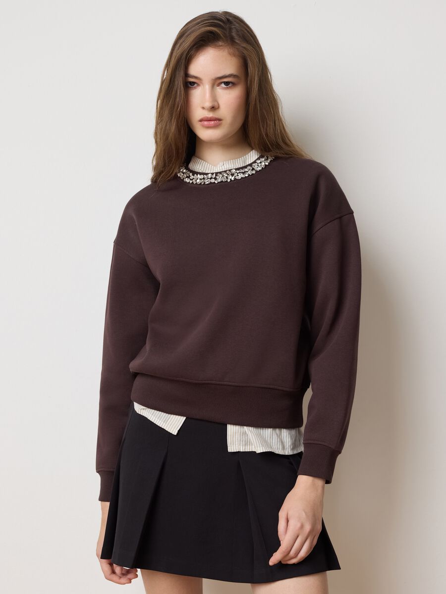 Felpa in misto cotone marrone regular fit con scollo rotondo decorato_1
