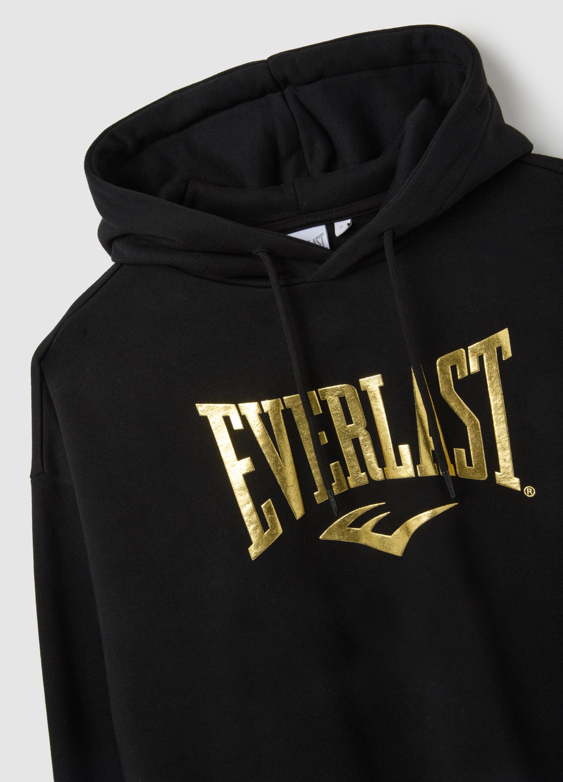 Black cotton blend hoodie with Everlast print