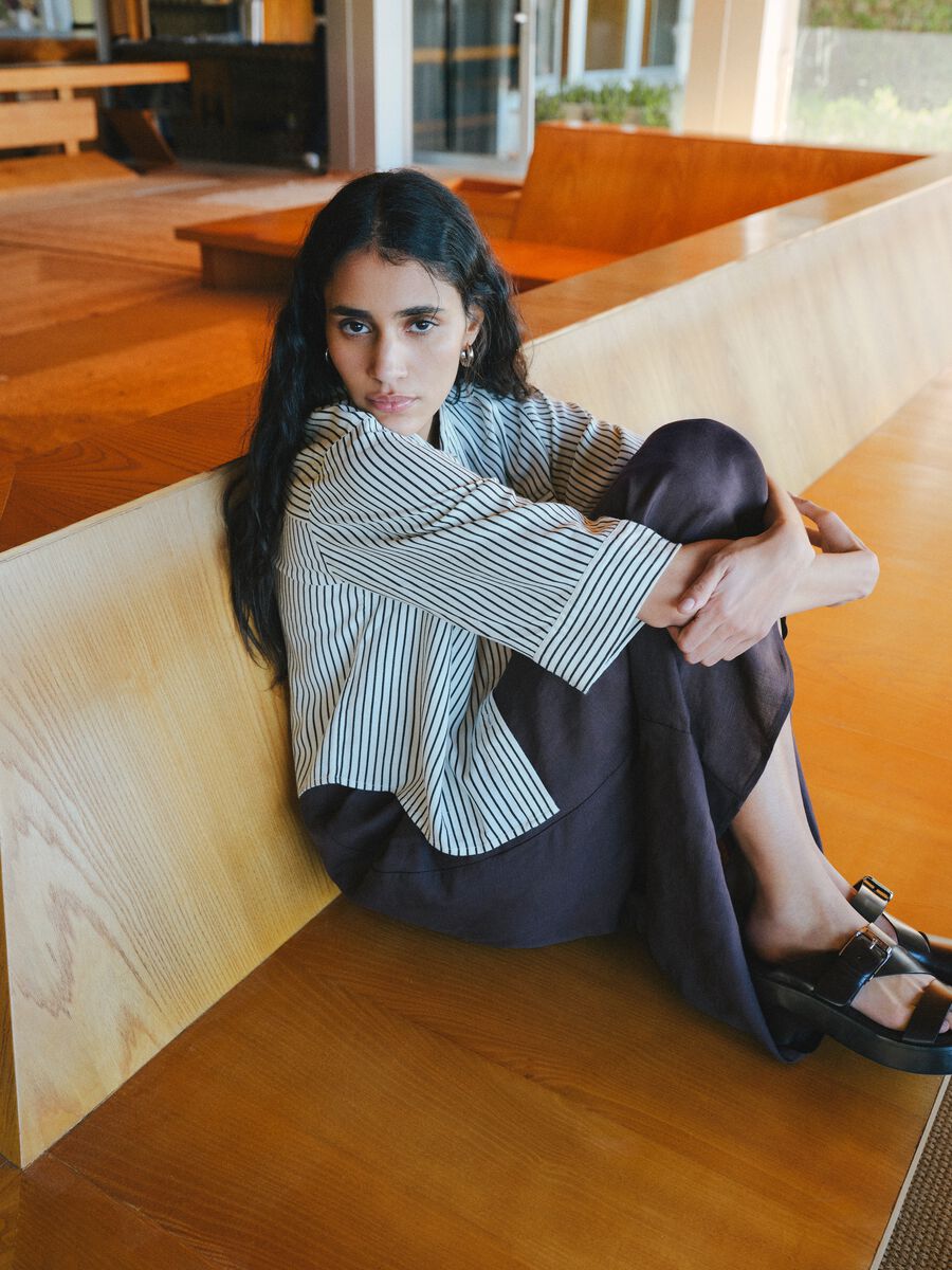 Regular-fit white and brown striped viscose-linen blend shirt_0