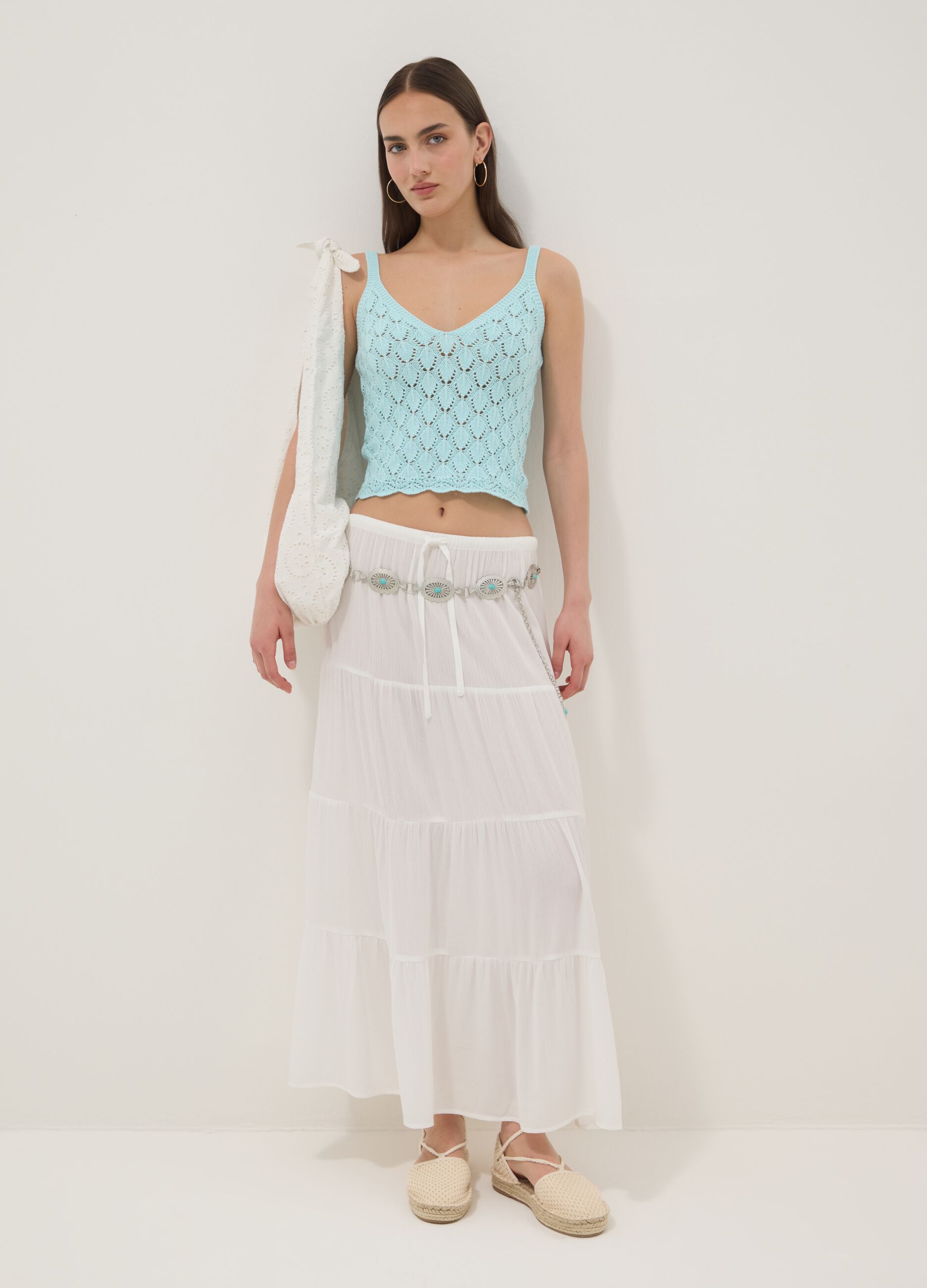 Gilet azzurro in crochet di puro cotone regular fit