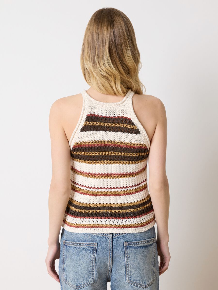 Beige and brown striped crochet tank top with lurex details_3