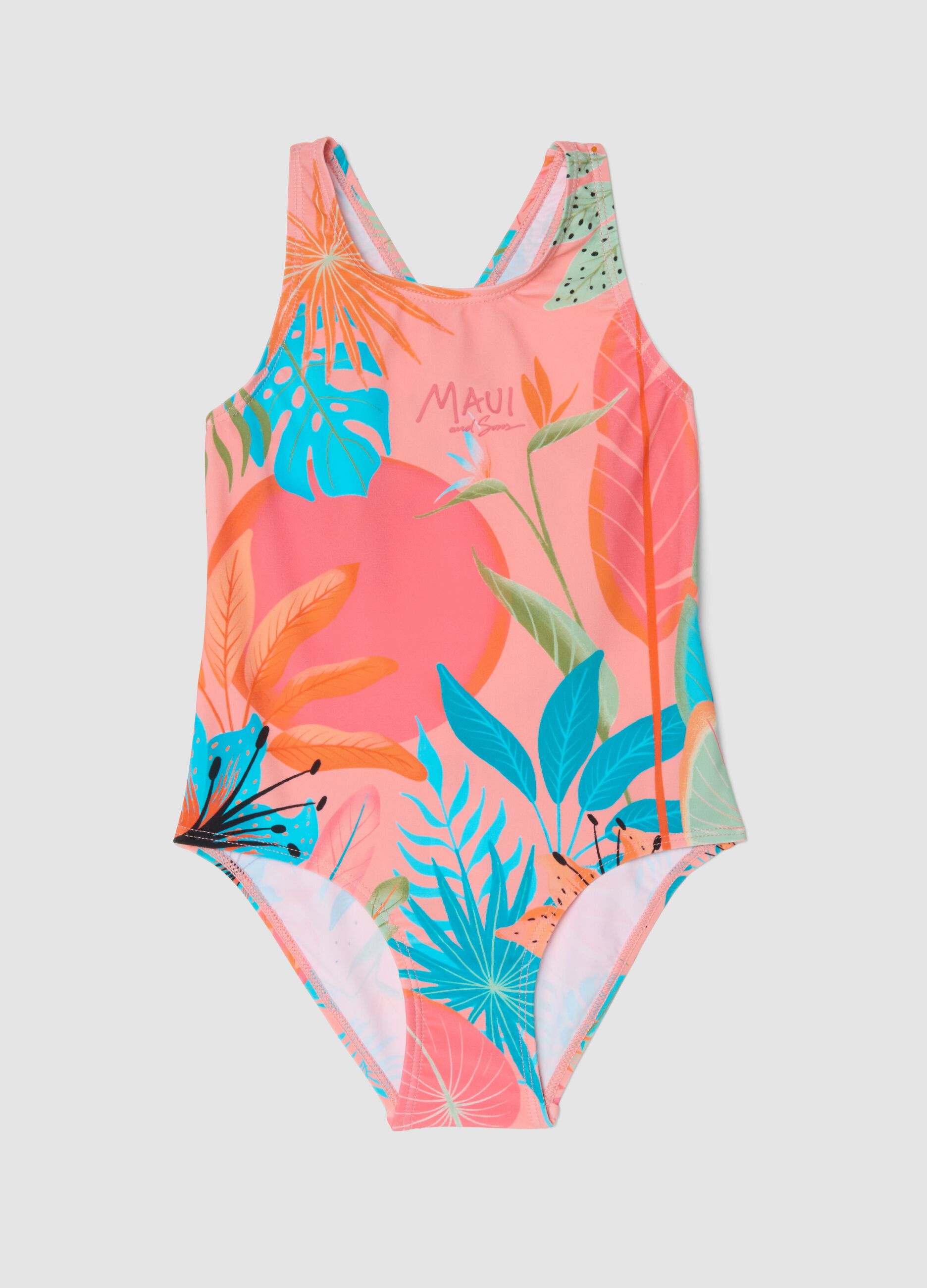 Pink tropical print girls&rsquo; swimsuit