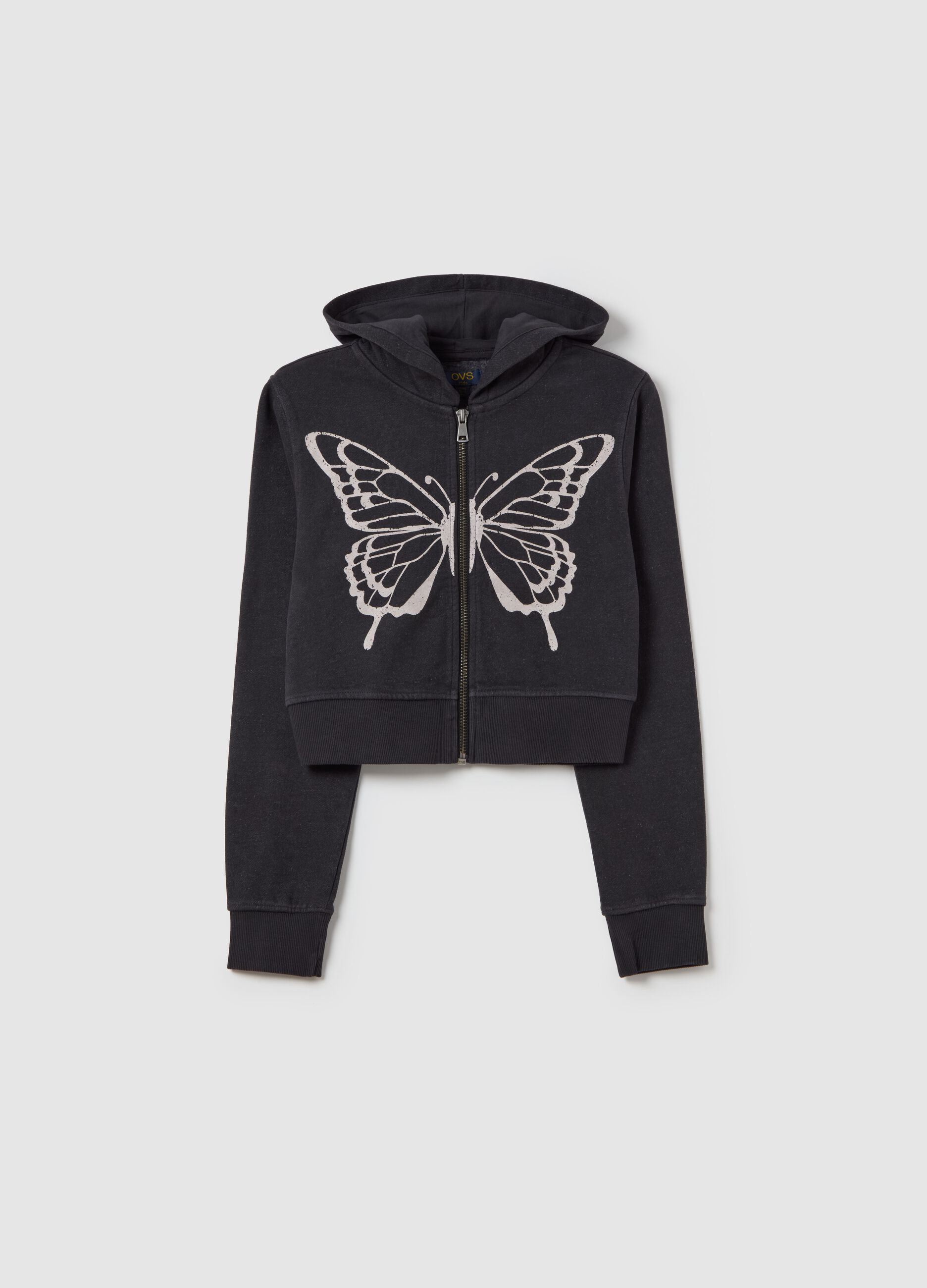 Full-zip sweatshirt with hood and butterfly print