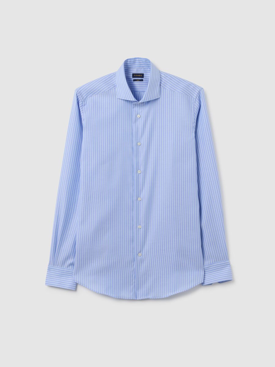 Camicia a righe bianche e azzurre in puro cotone slim fit_4