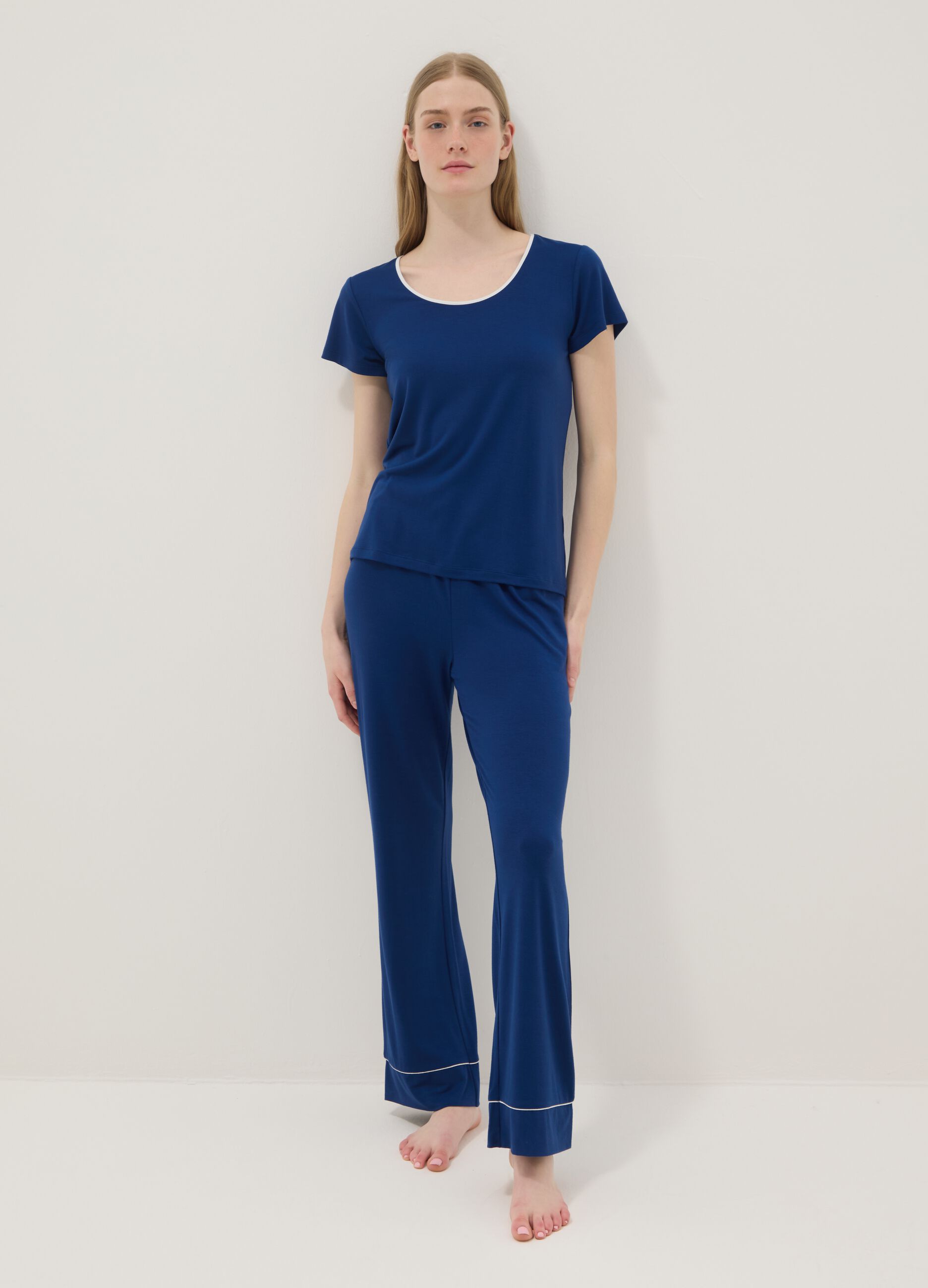 Blue regular fit stretch viscose blend pyjama trousers