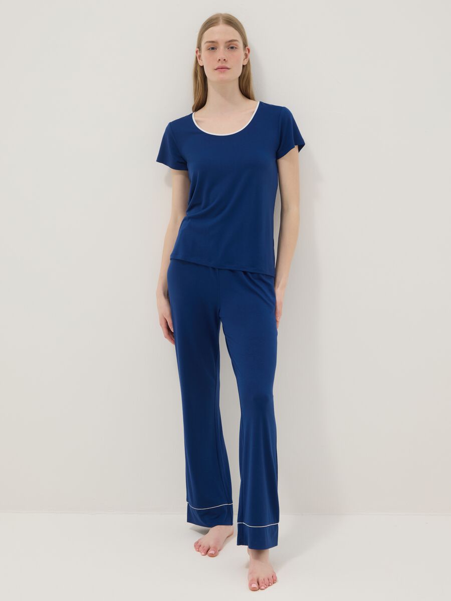 Blue regular fit stretch viscose blend pyjama trousers_0