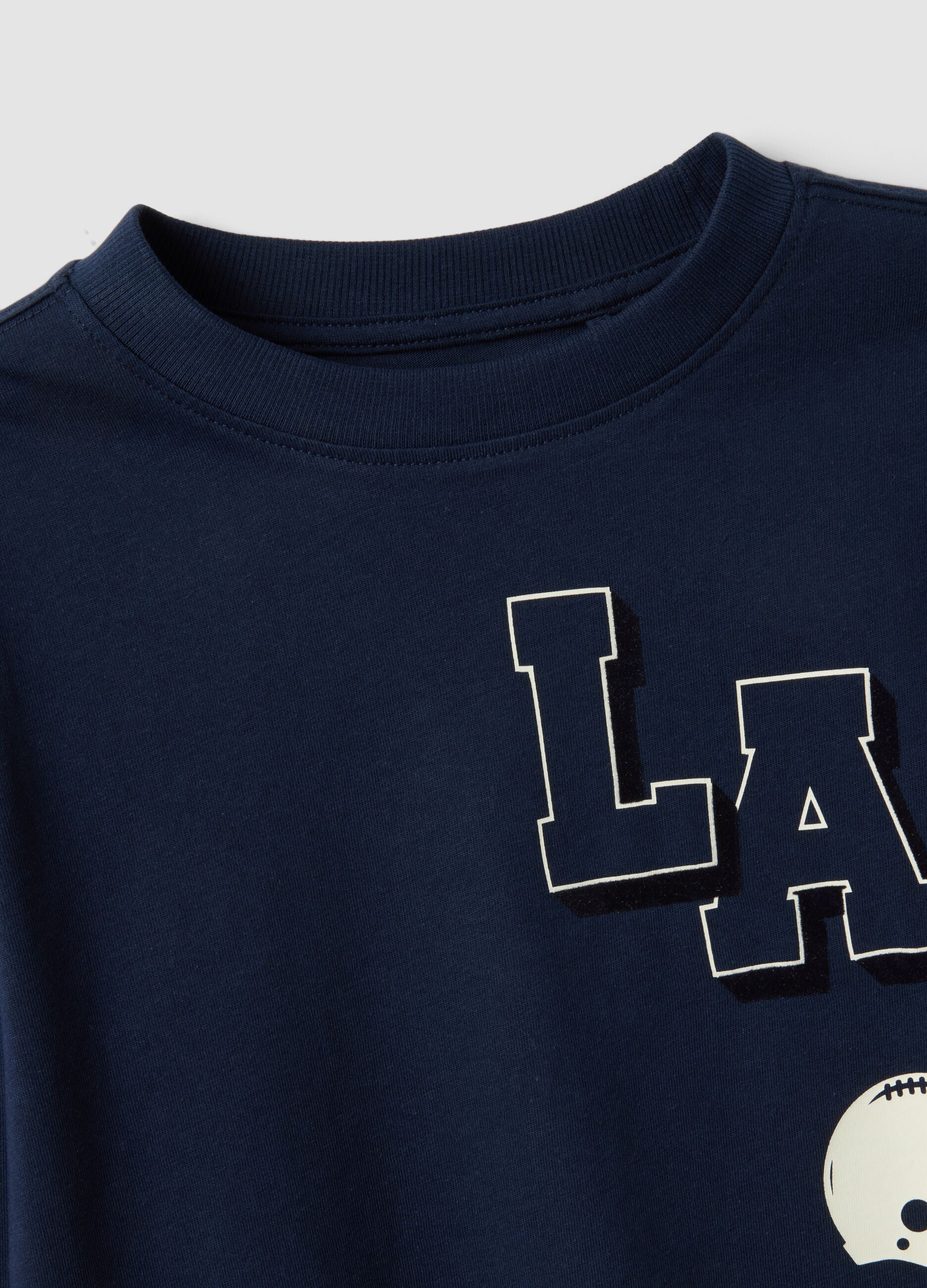 Blue cotton and viscose blend T-shirt with college print for boys