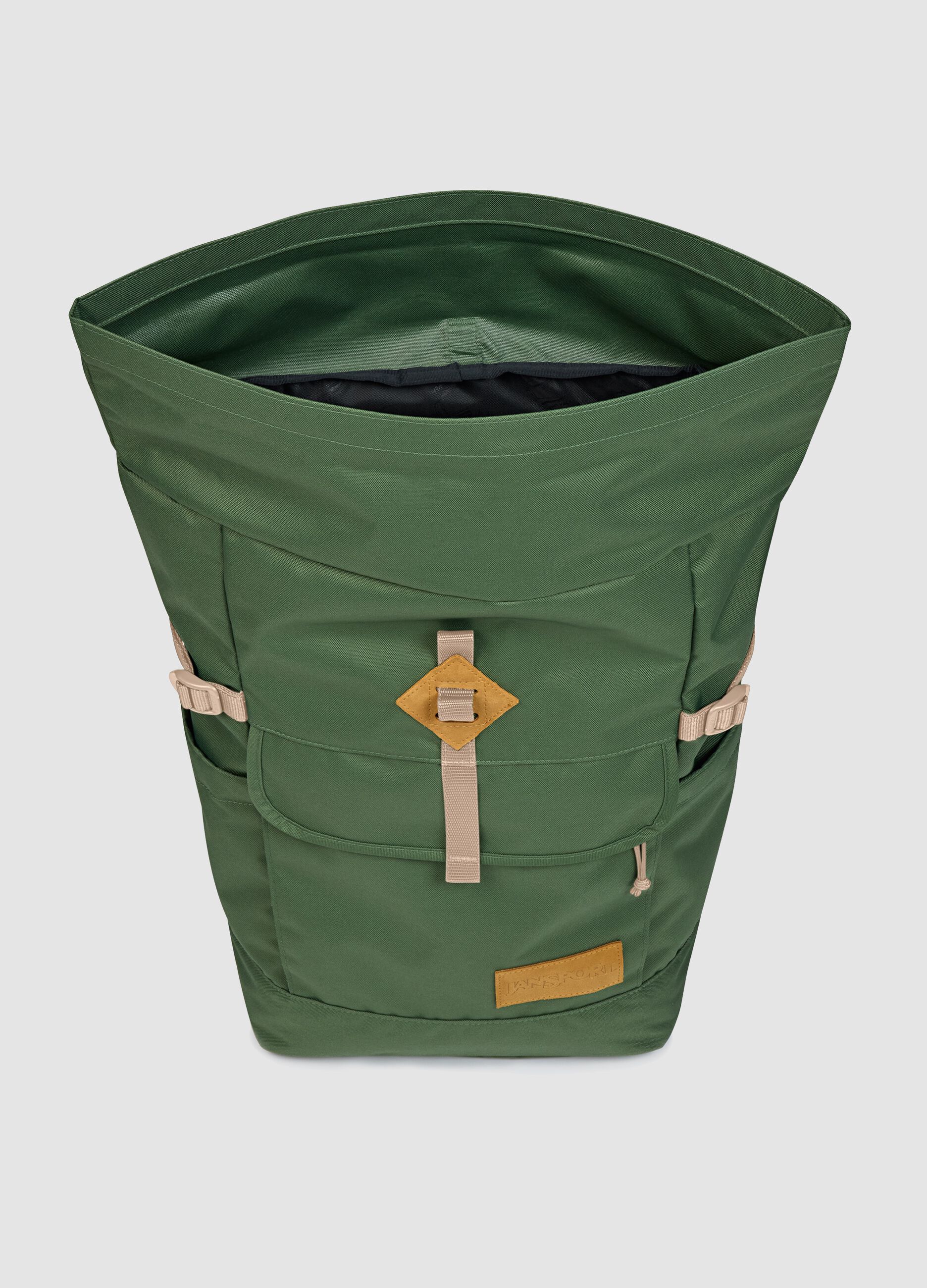 Green roll-top backpack with pockets