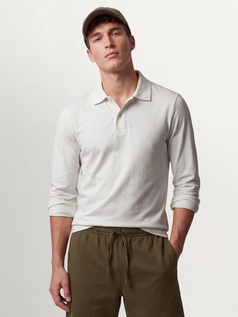 Polo bianca in piquet di puro cotone organico a maniche lunghe regular fit_0