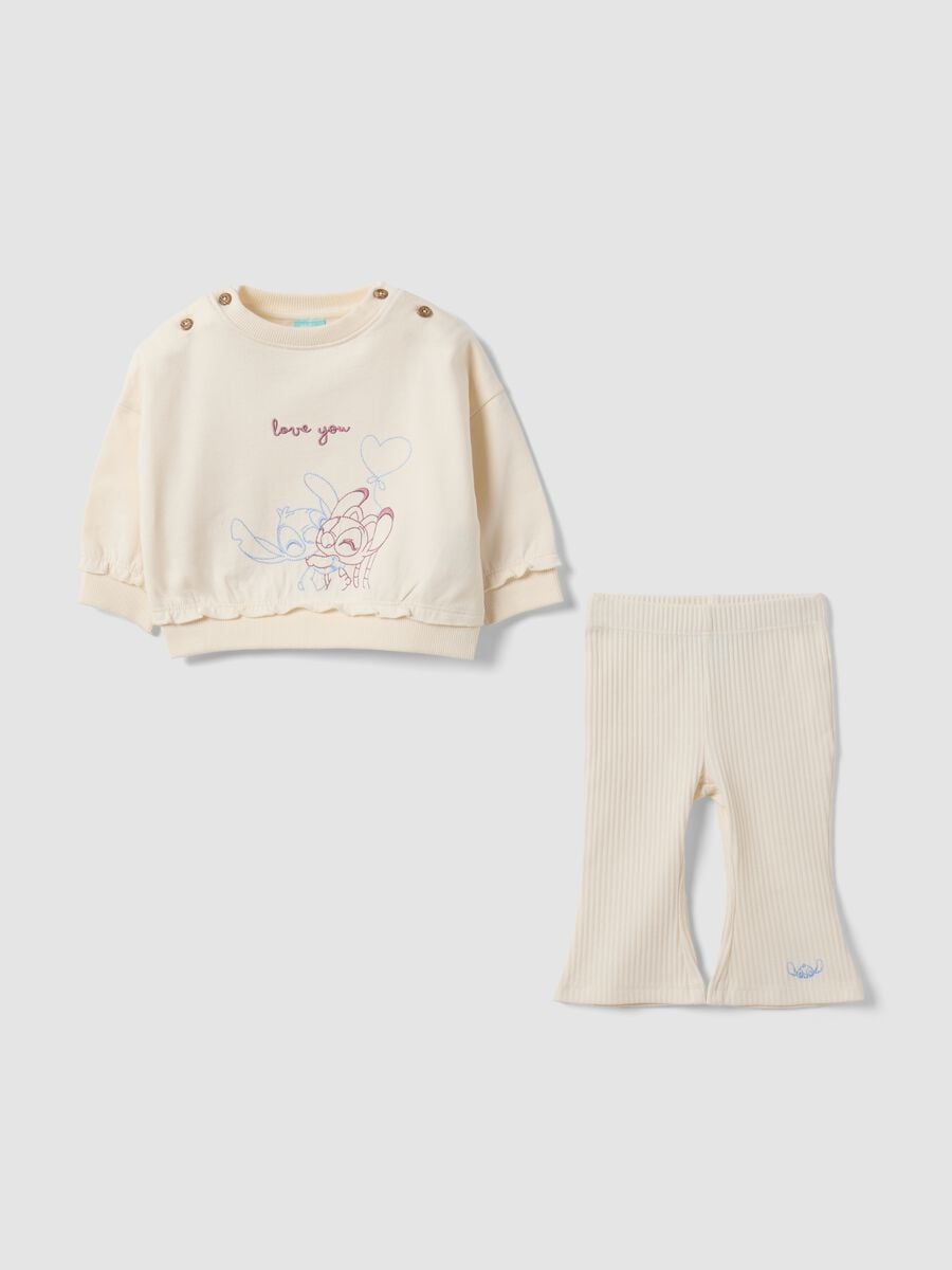 Completo beige in puro cotone organico con stampa Lilo e Stitch per neonata_0
