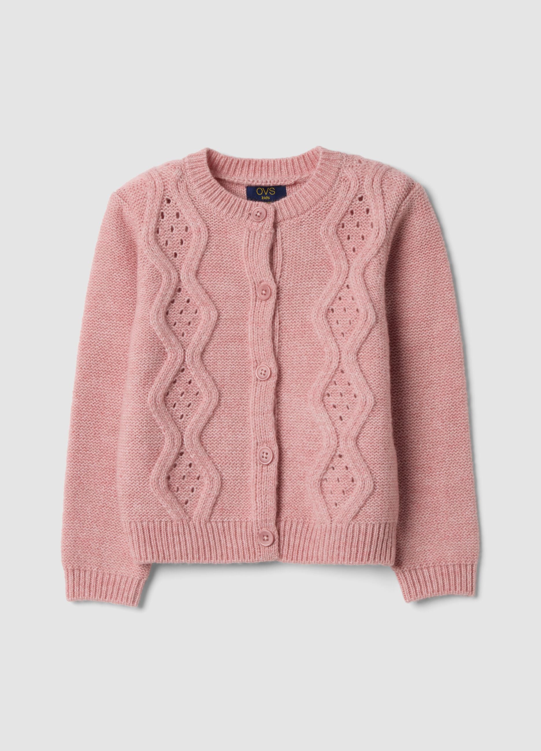 Pink crew-neck openwork knit cardigan