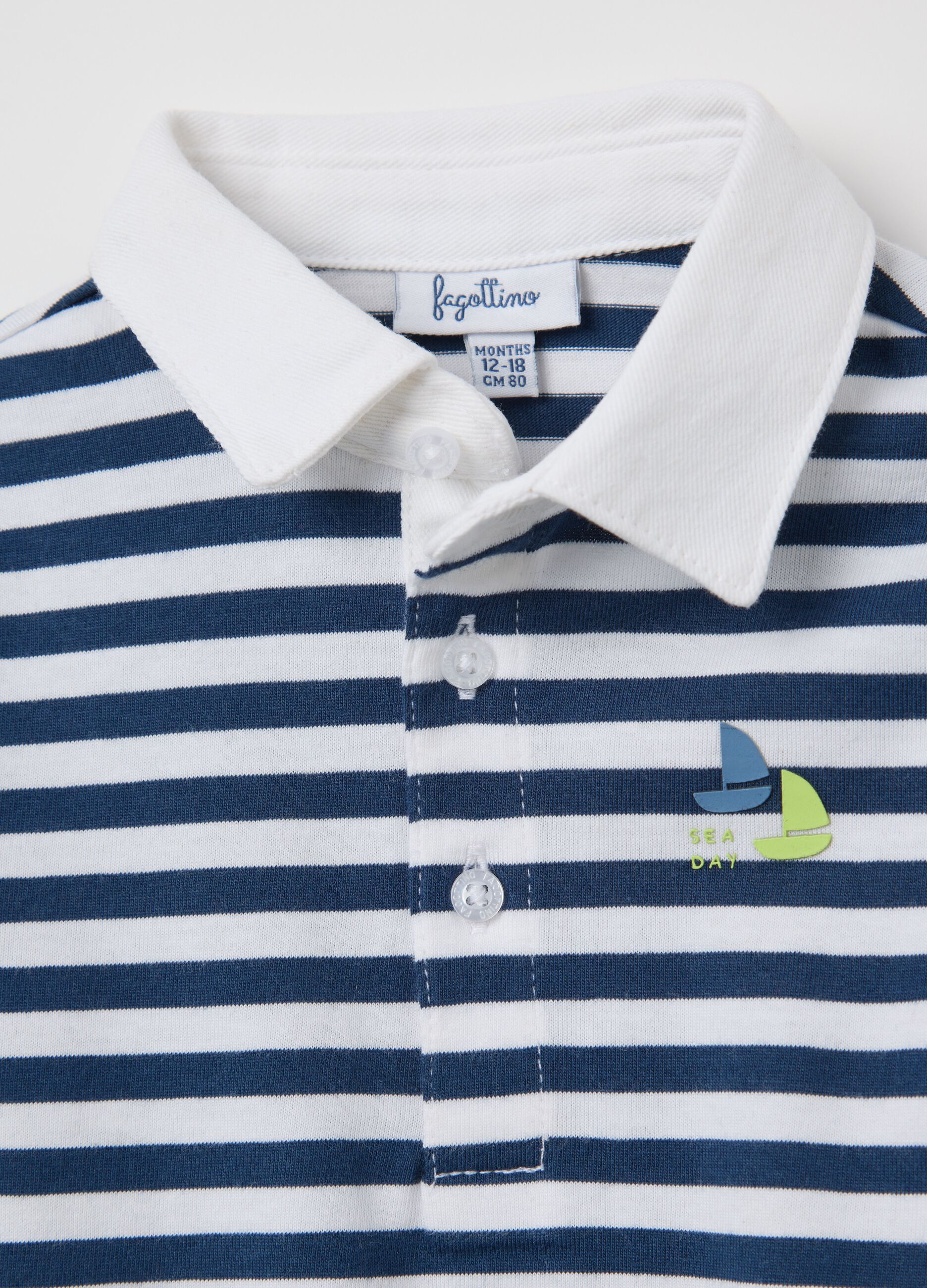Cotton polo shirt with white and blue stripes