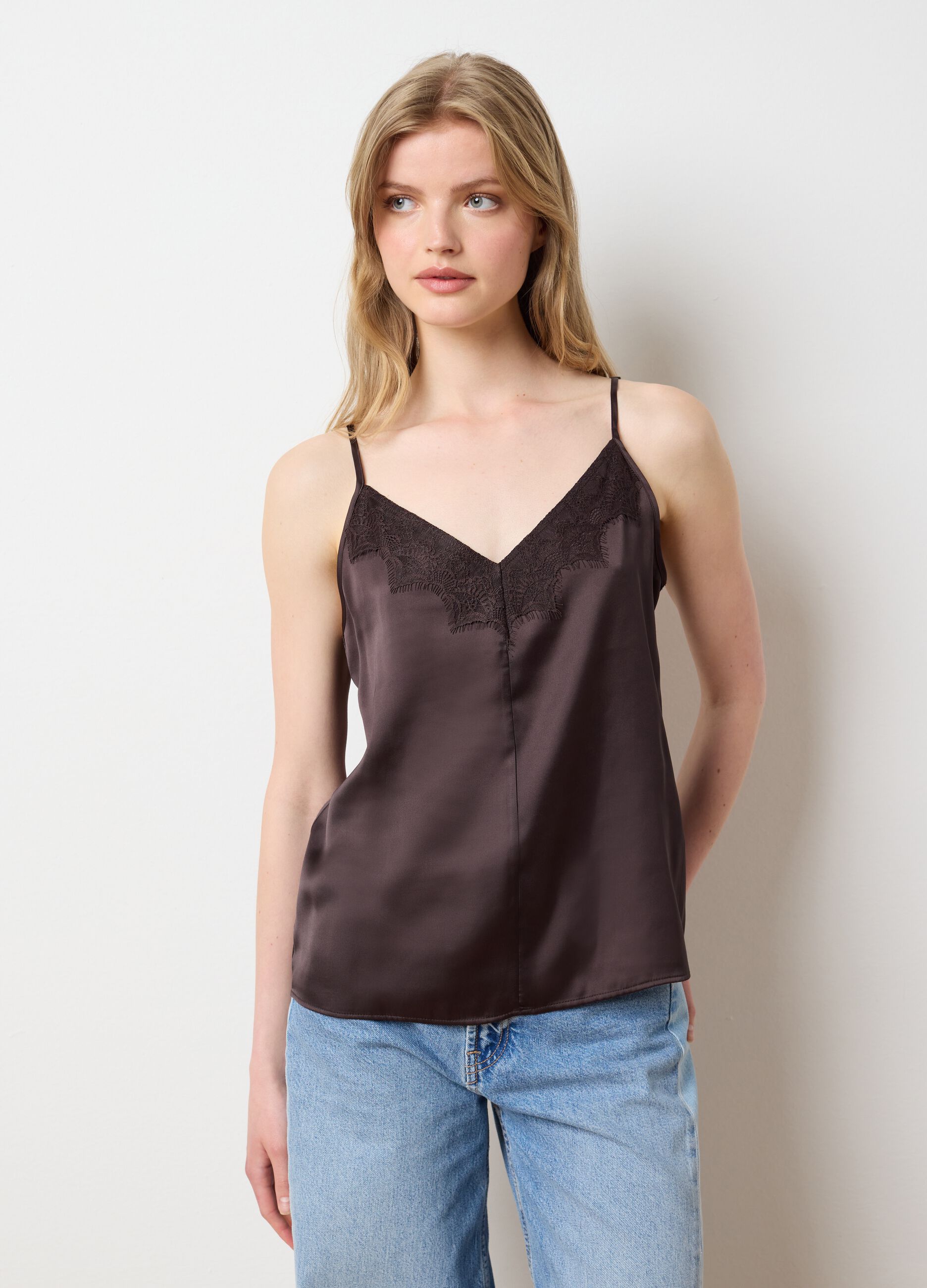 Women's brown satin blend slim fit top with lace