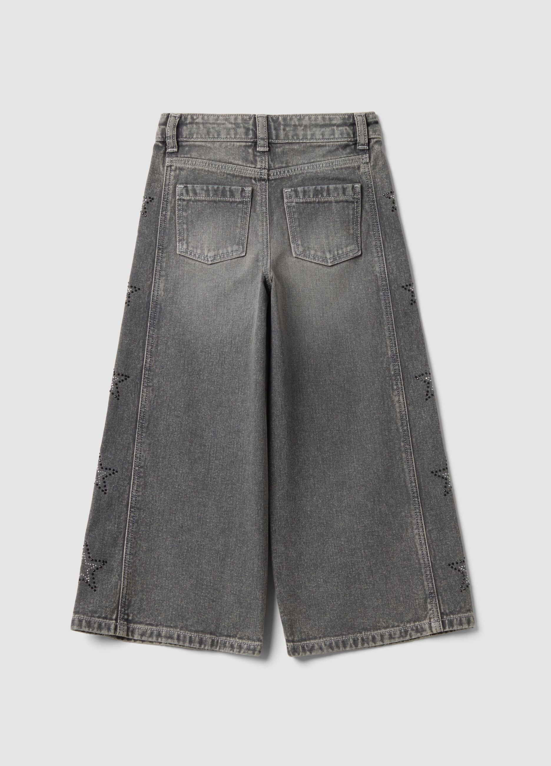 Grey wide-leg pure cotton jeans with star details for girls