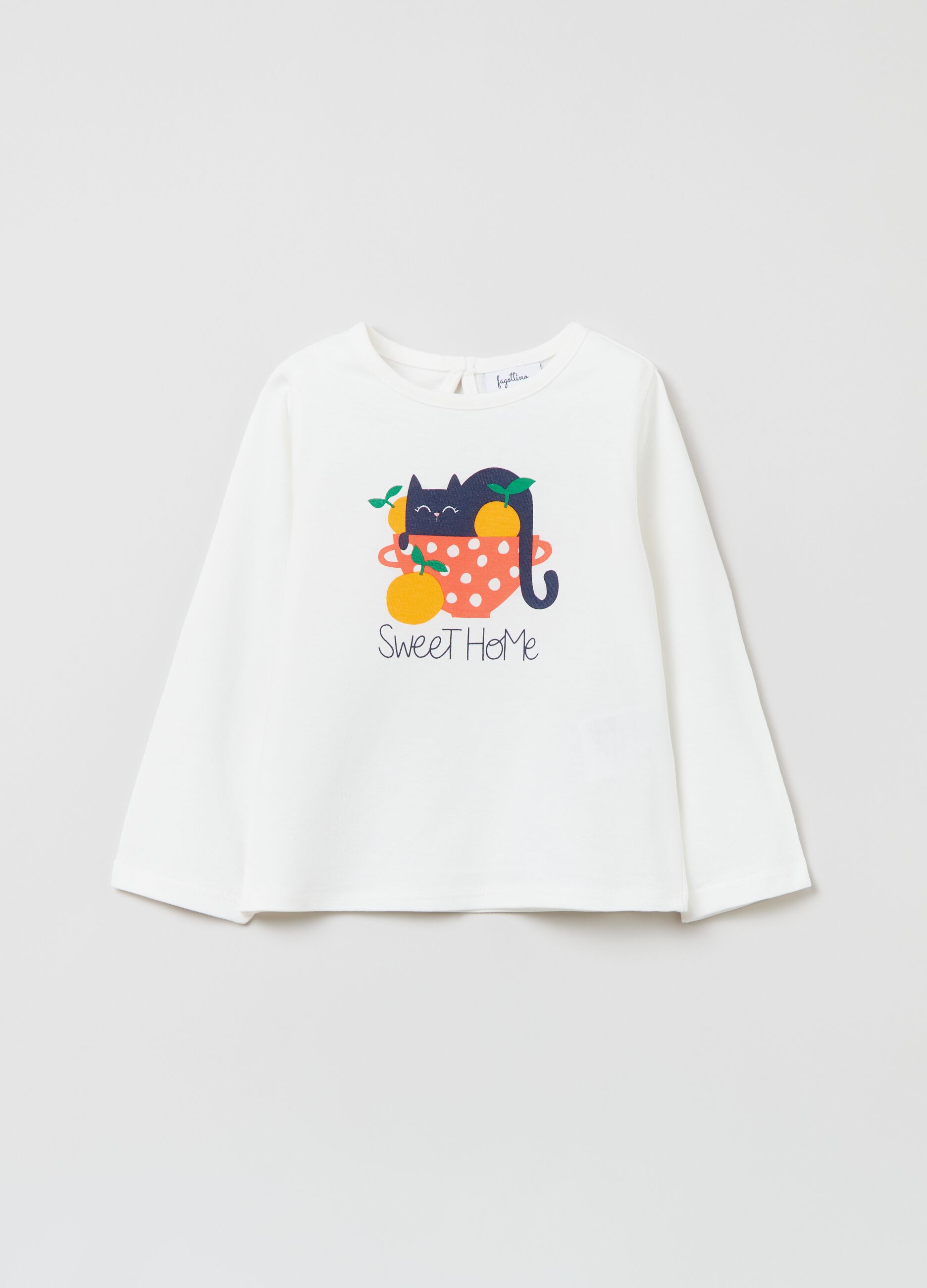 T-shirt in cotone con stampa gattino_0