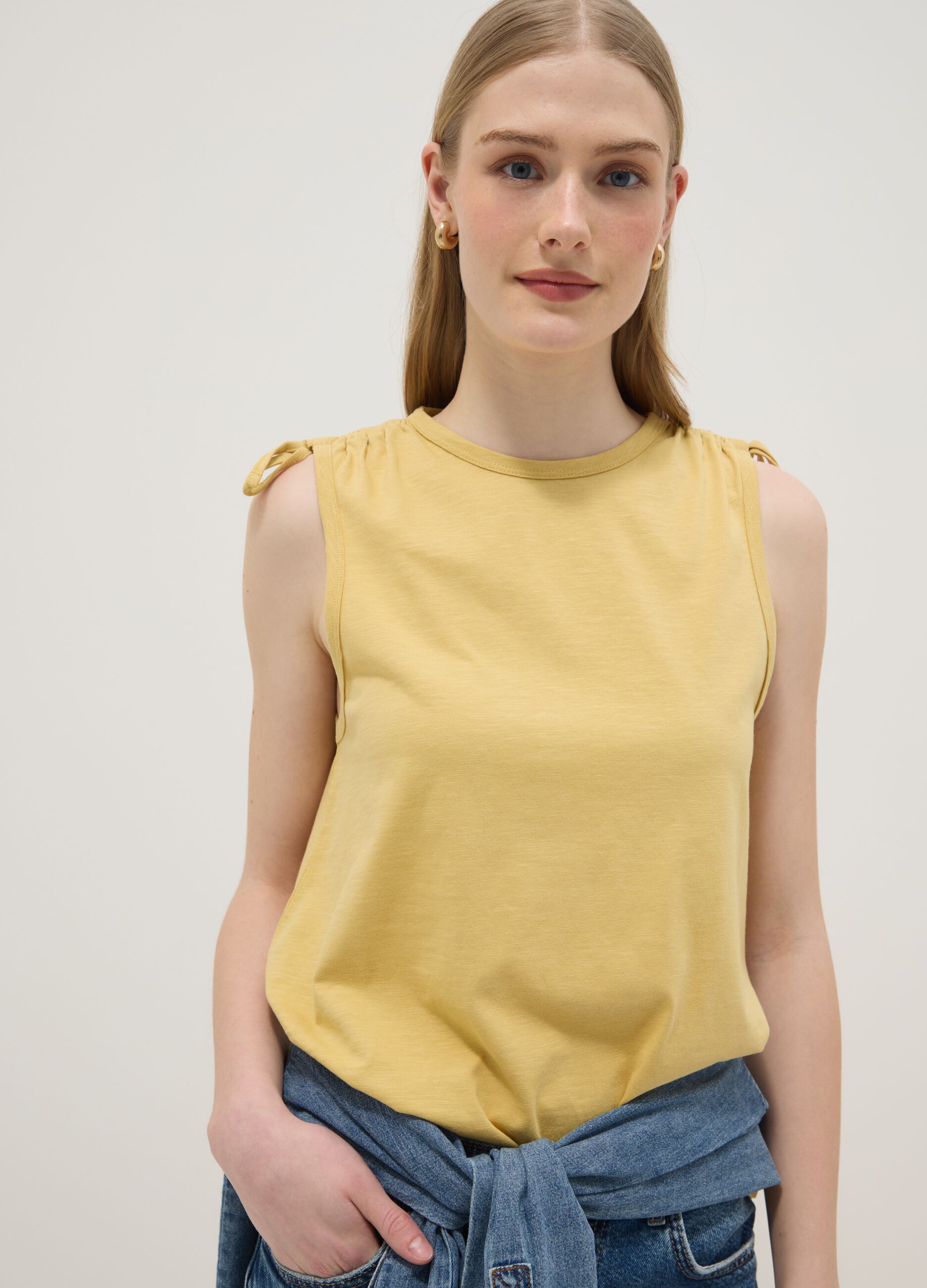 Yellow pure cotton tank top with shoulder ties