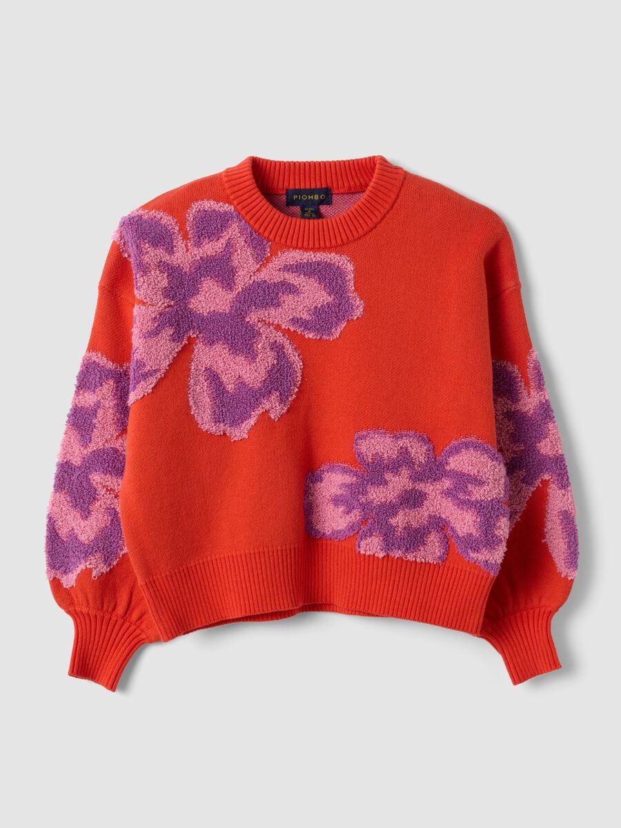 Red pure cotton crew-neck jumper with floral pattern for girls_0