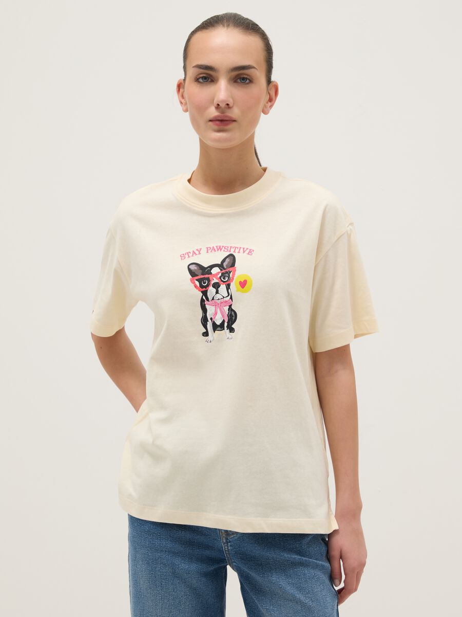 Beige Regular Fit Pure Cotton T-shirt with Print_0