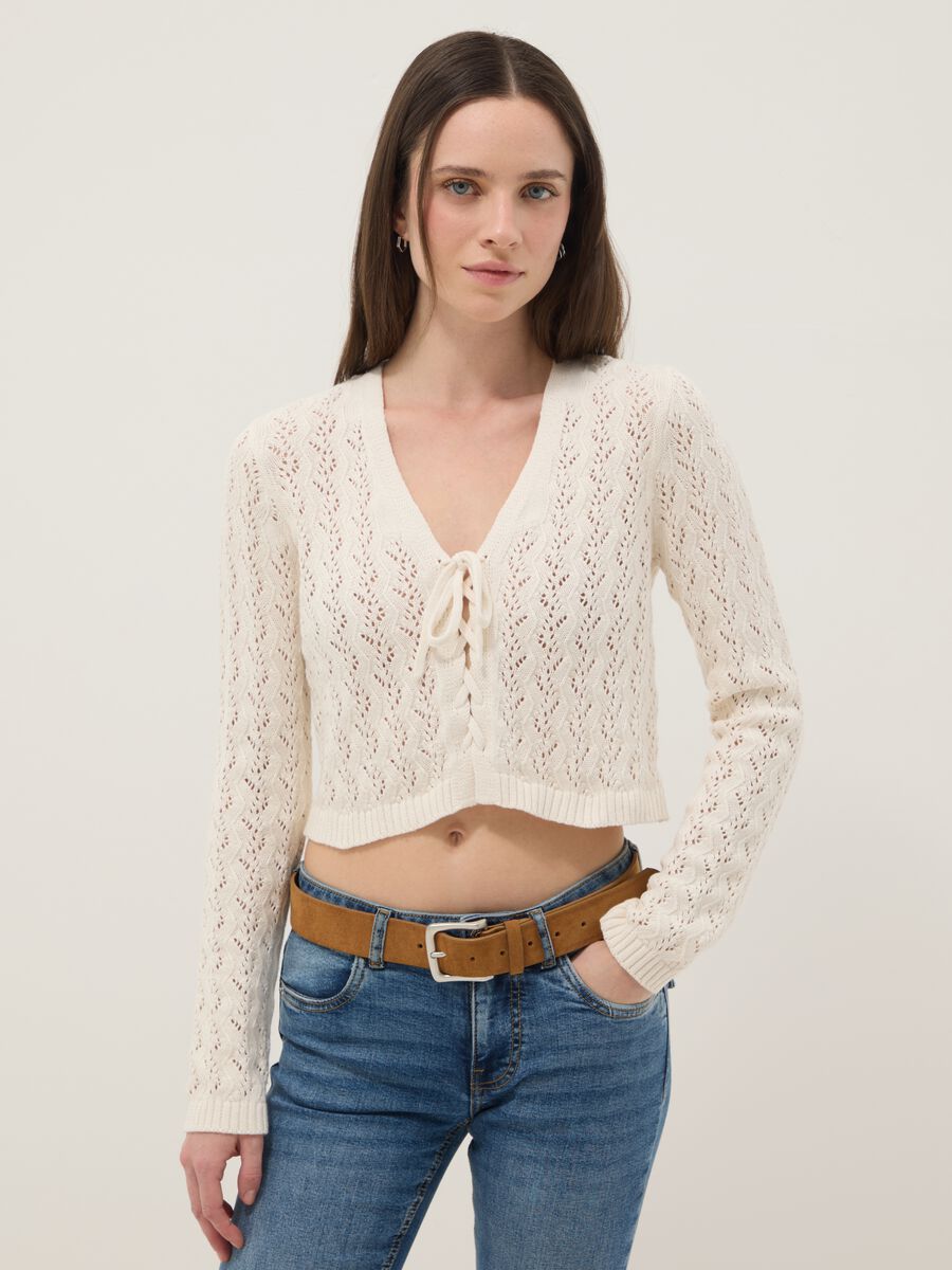 Cardigan in puro cotone beige regular fit con design traforato_1