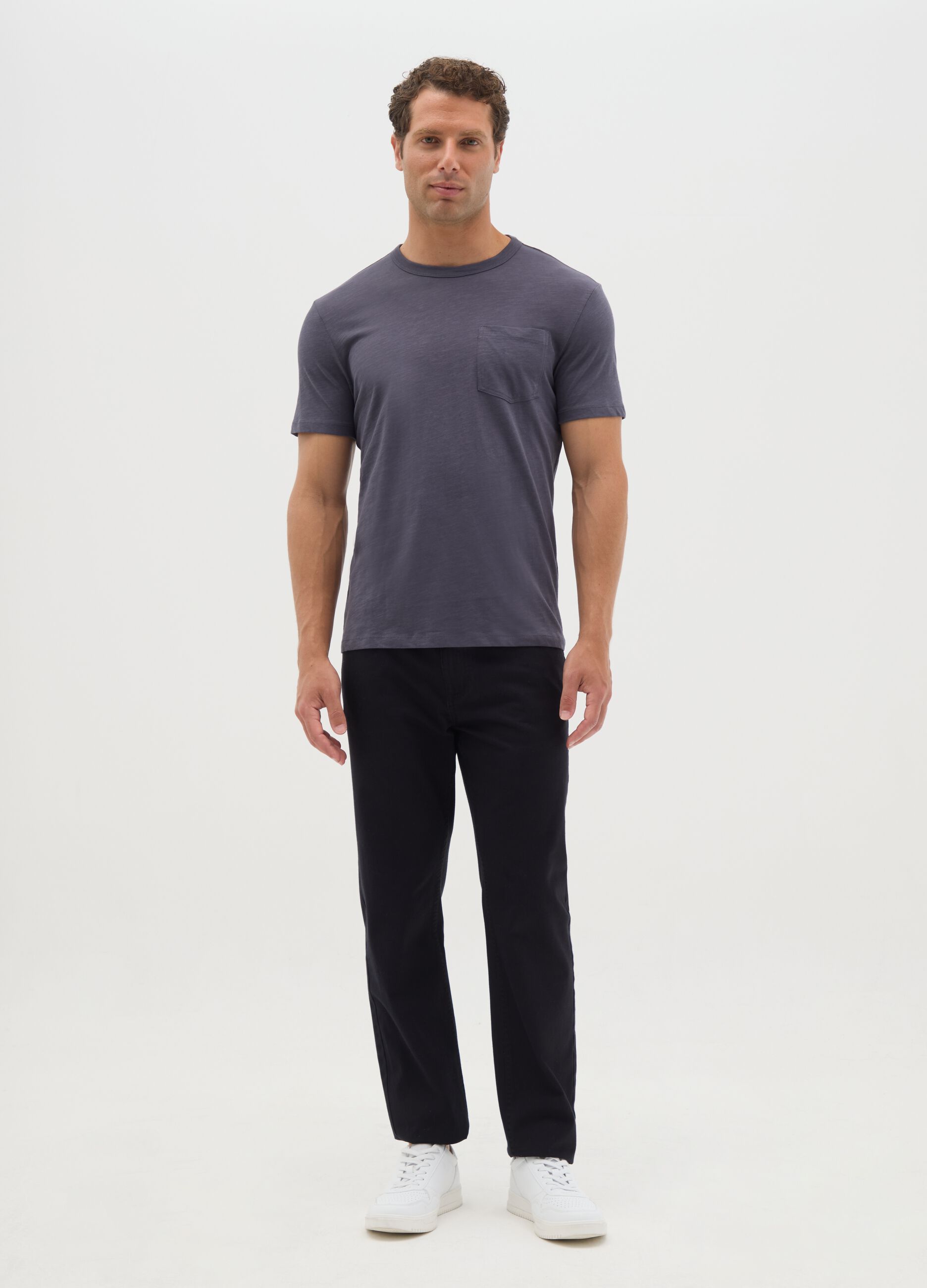 Grey pure cotton regular fit men's T-shirt with pocket