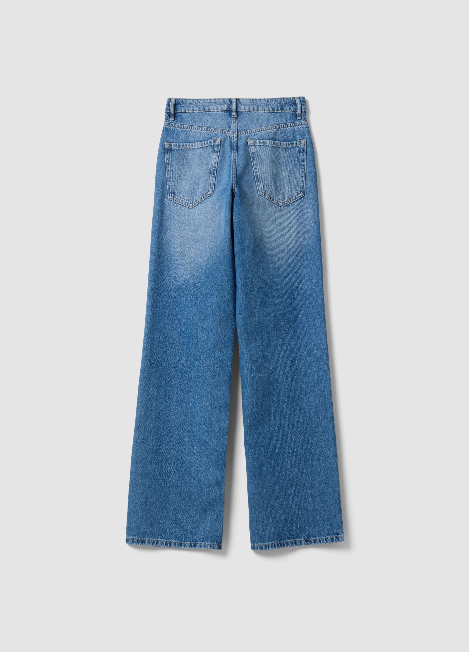 Light blue pure cotton high-waisted wide-leg denim jeans