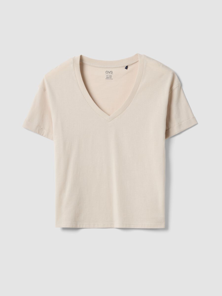Beige pure cotton relaxed-fit V-neck T-shirt_4