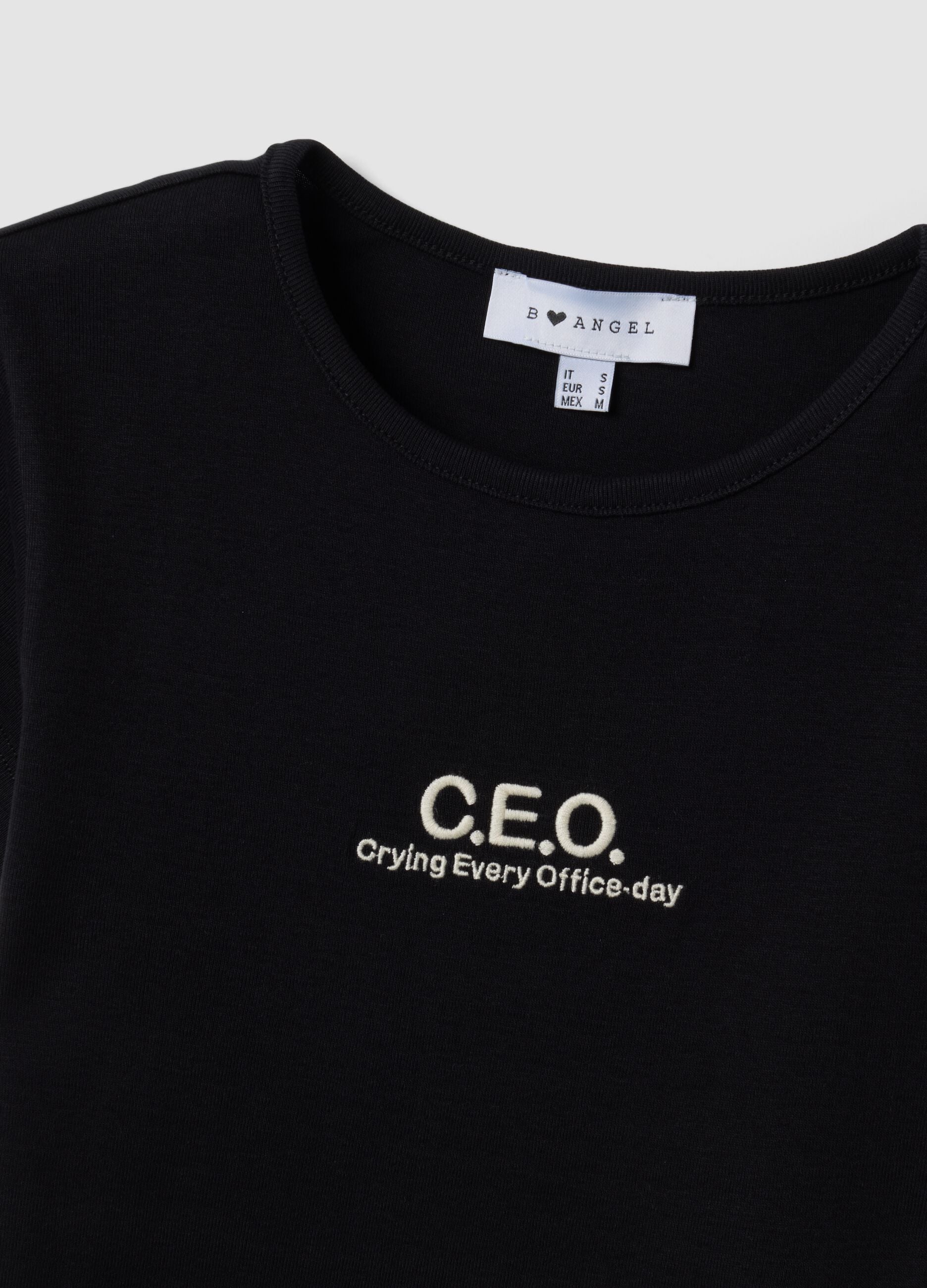Black pure cotton crew-neck T-shirt with slogan