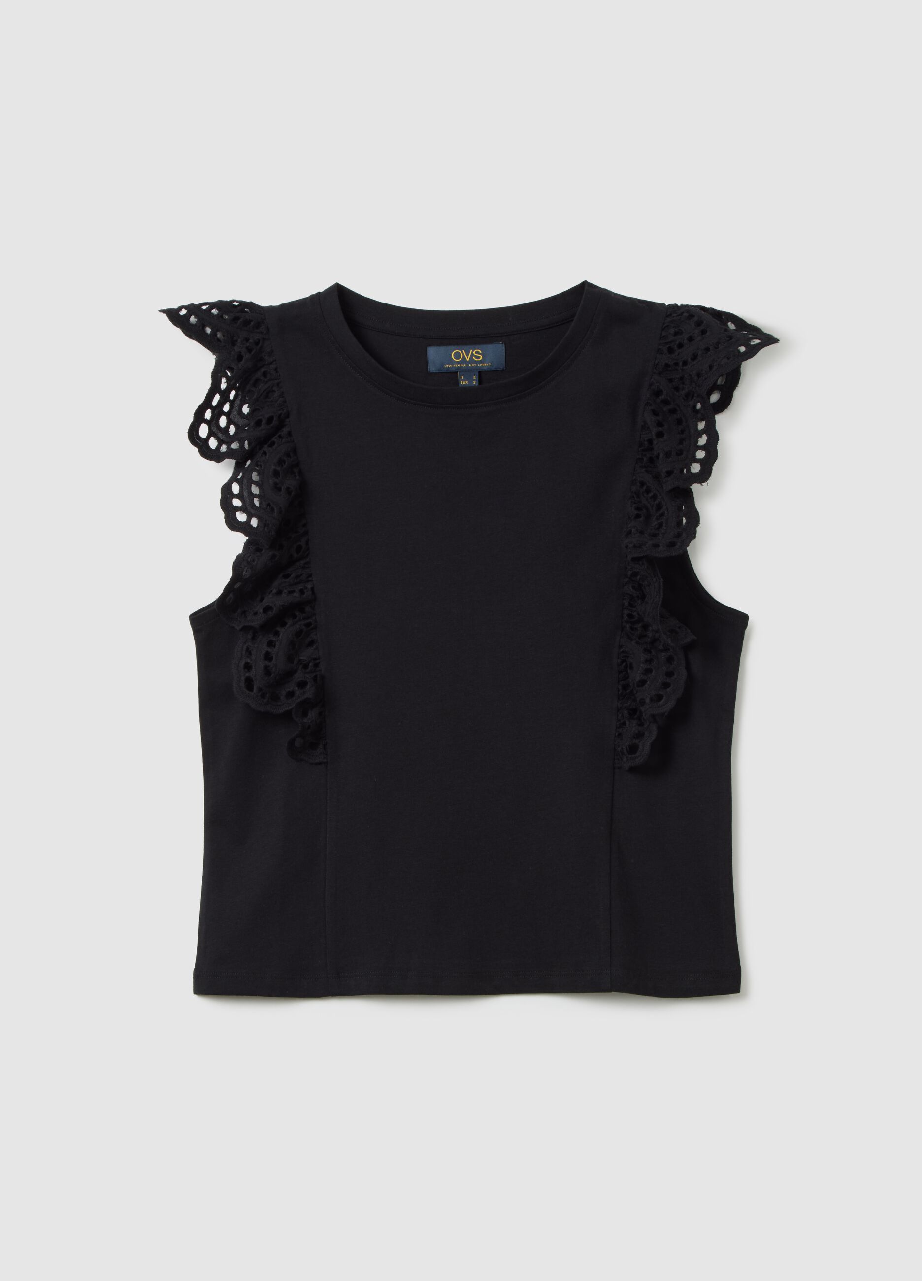 Women's black pure cotton top with lace, regular fit