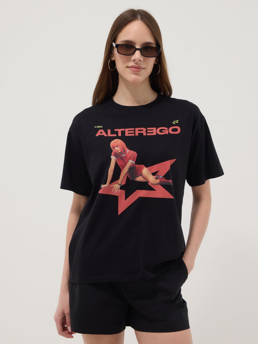 T-shirt nera a maniche corte in puro cotone con stampa grafica regular fit_0