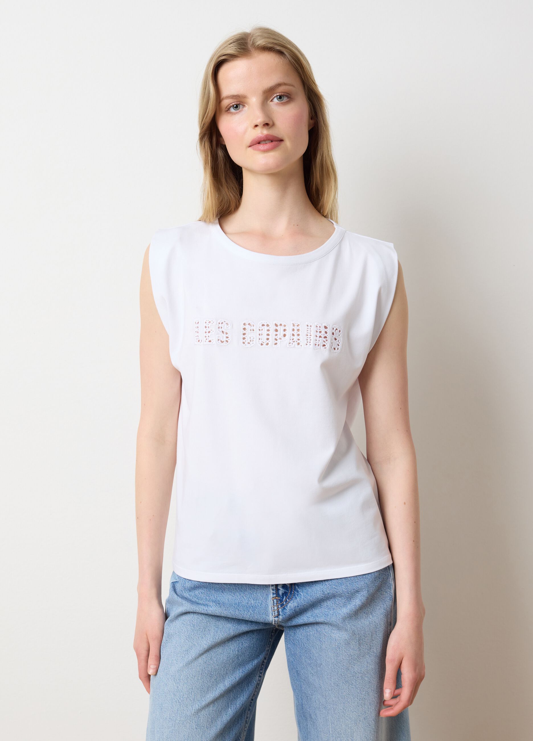 White stretch cotton T-shirt with logo